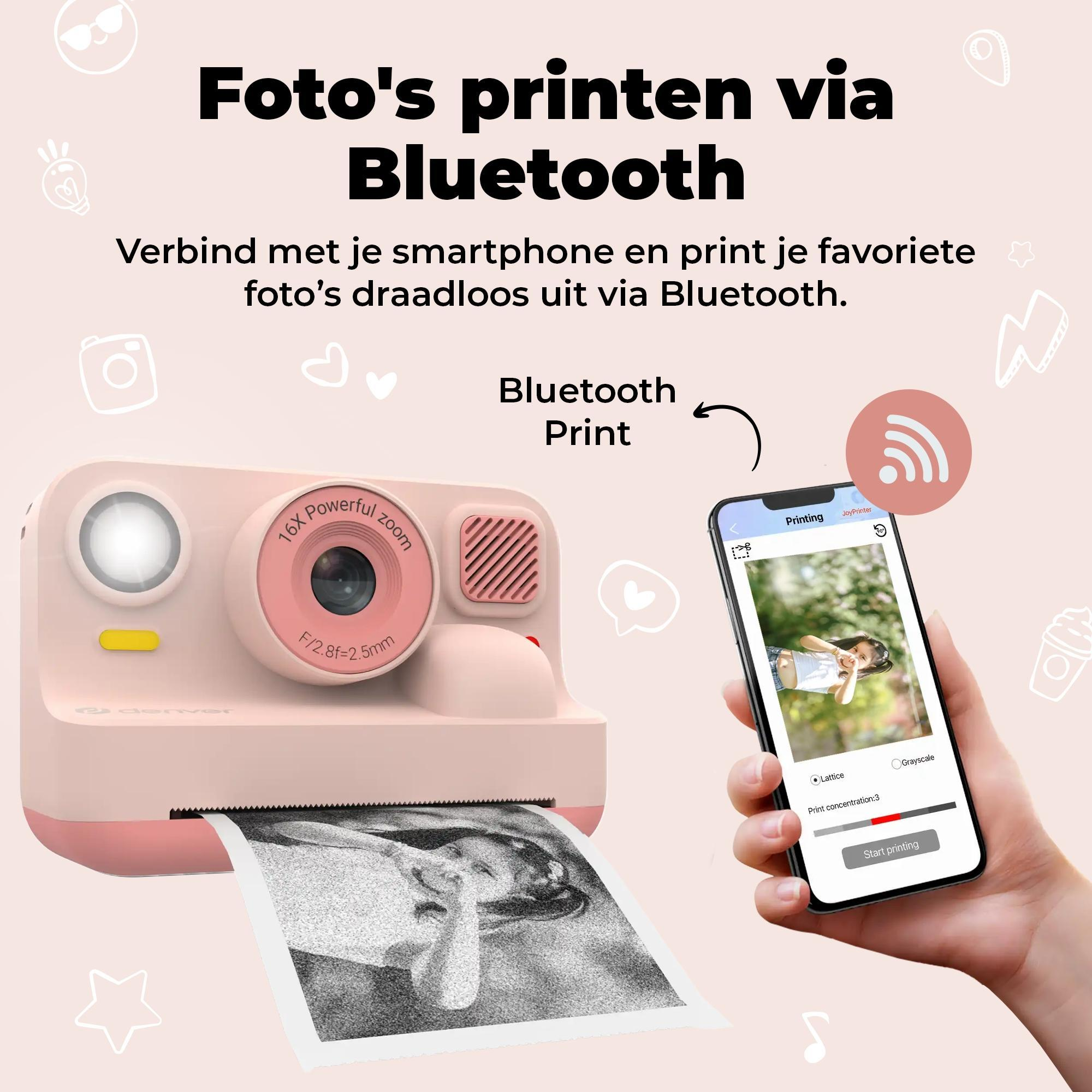 A pink Bluetooth printer prints a black and white photo. A hand holds a smartphone showing print settings.