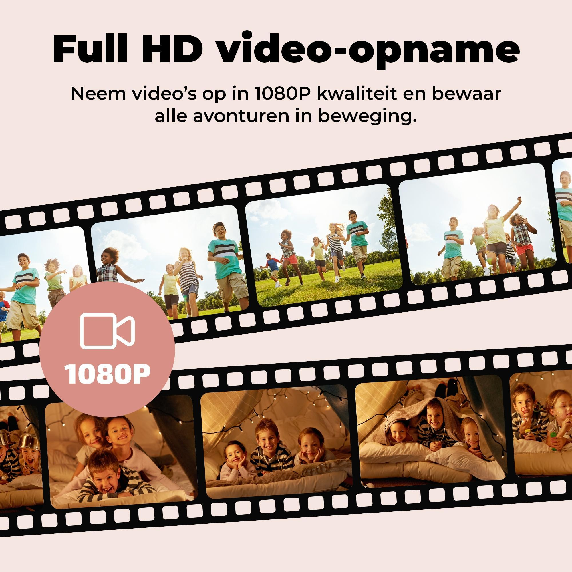 Children running outdoors and in a tent. Film strip design with 1080P logo.