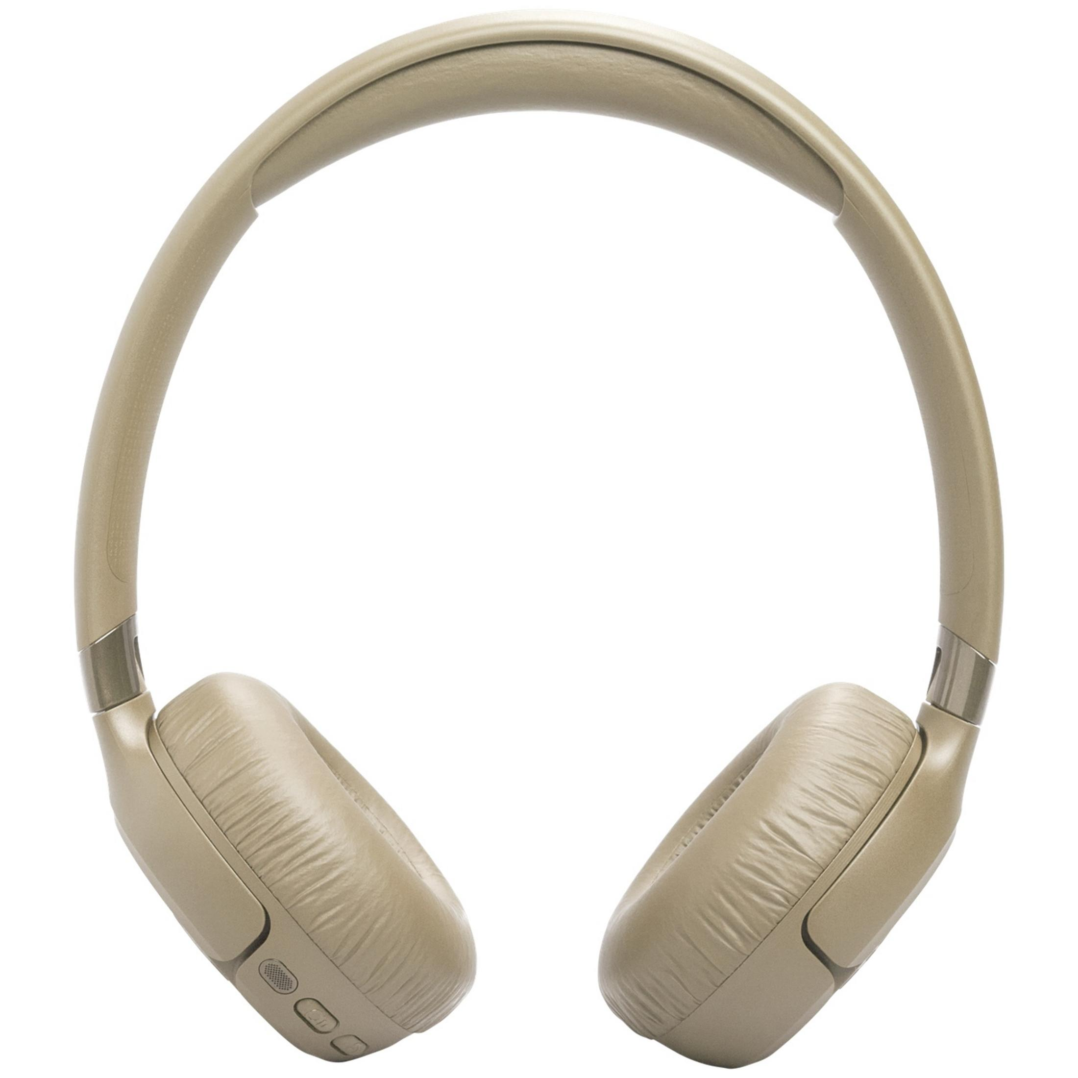 Casque beige à coussinets rembourrés et arceau réglable.