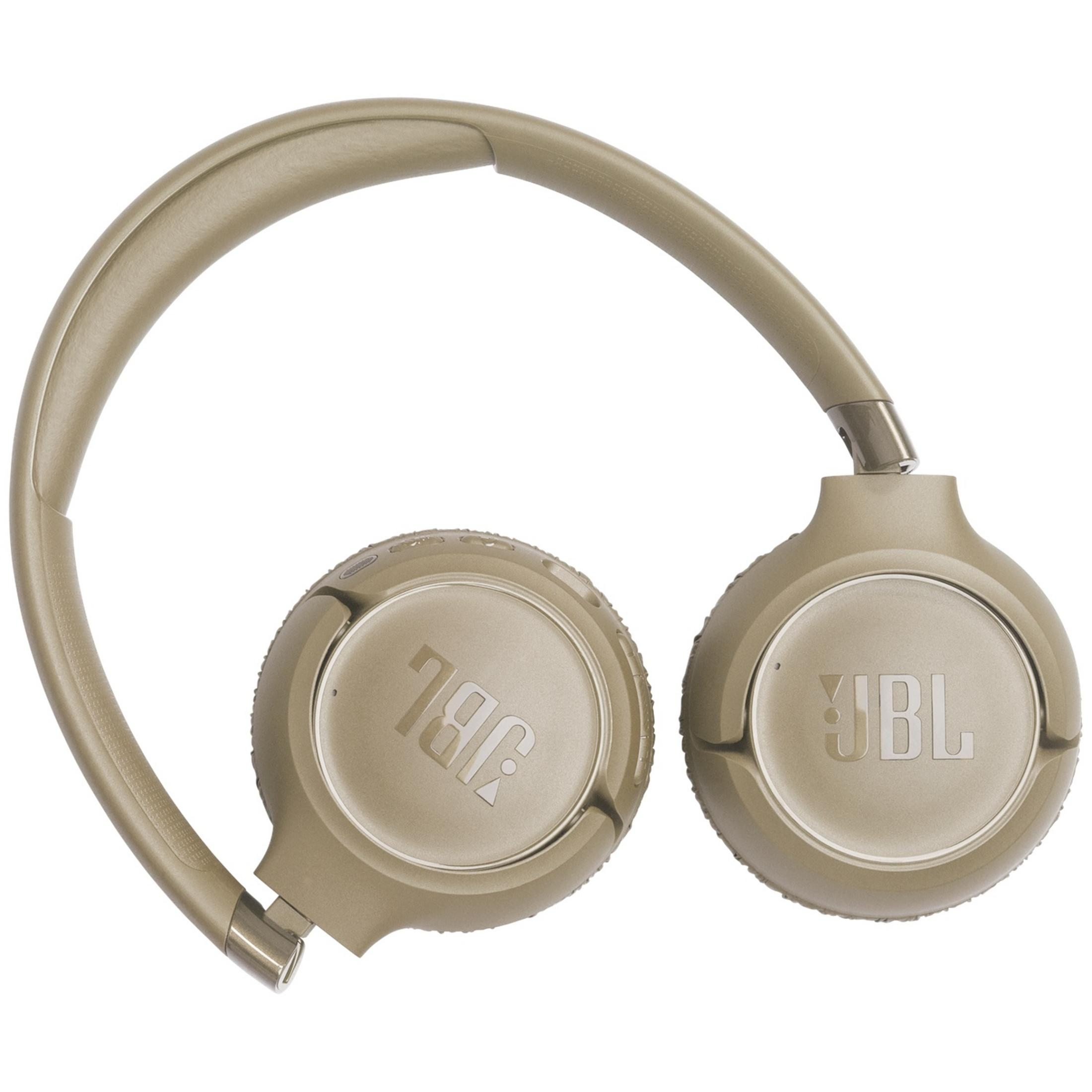 Casque JBL beige avec accents argentés et arceau rembourré.