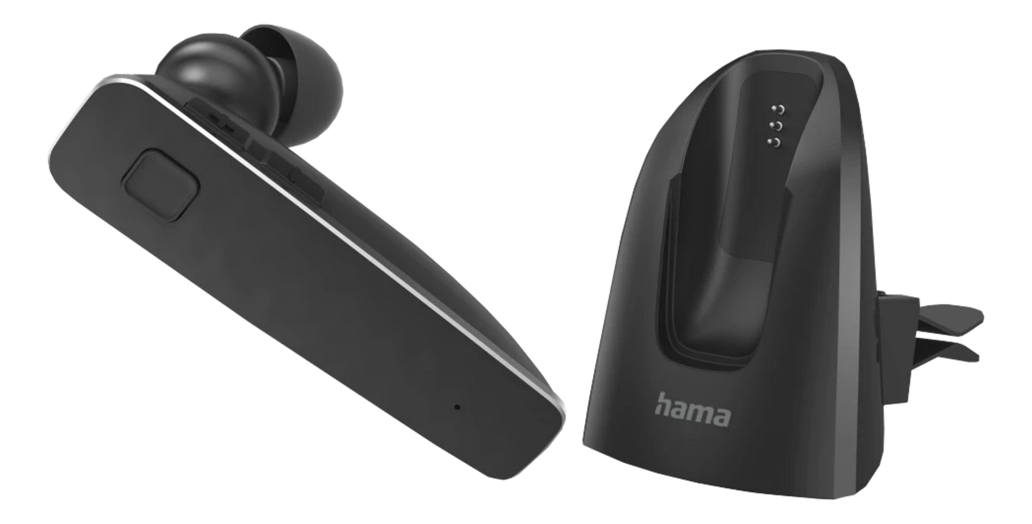 Czarny zestaw słuchawkowy z ładowarką i klipsem do nawiewu.