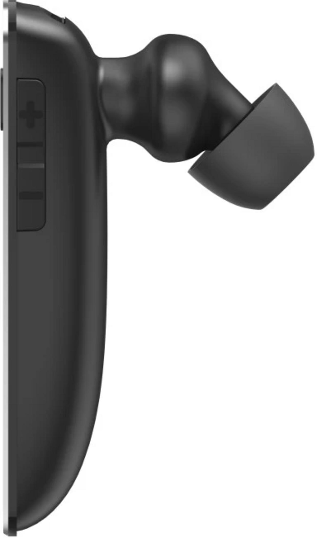 Czarny słuchawki douszne z przyciskami głośności i wkładką.