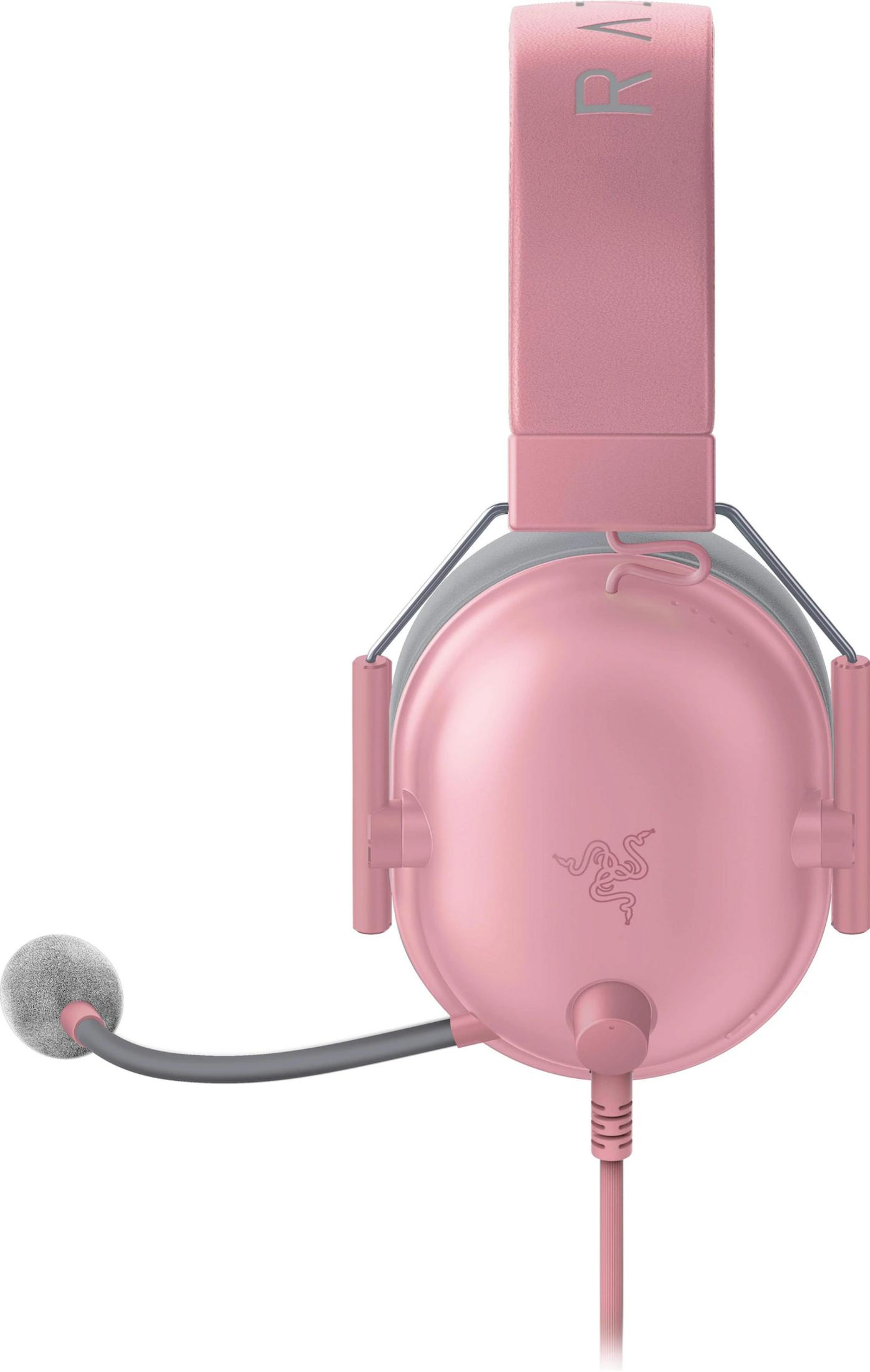 Różowe słuchawki Razer z mikrofonem, na białym tle.
