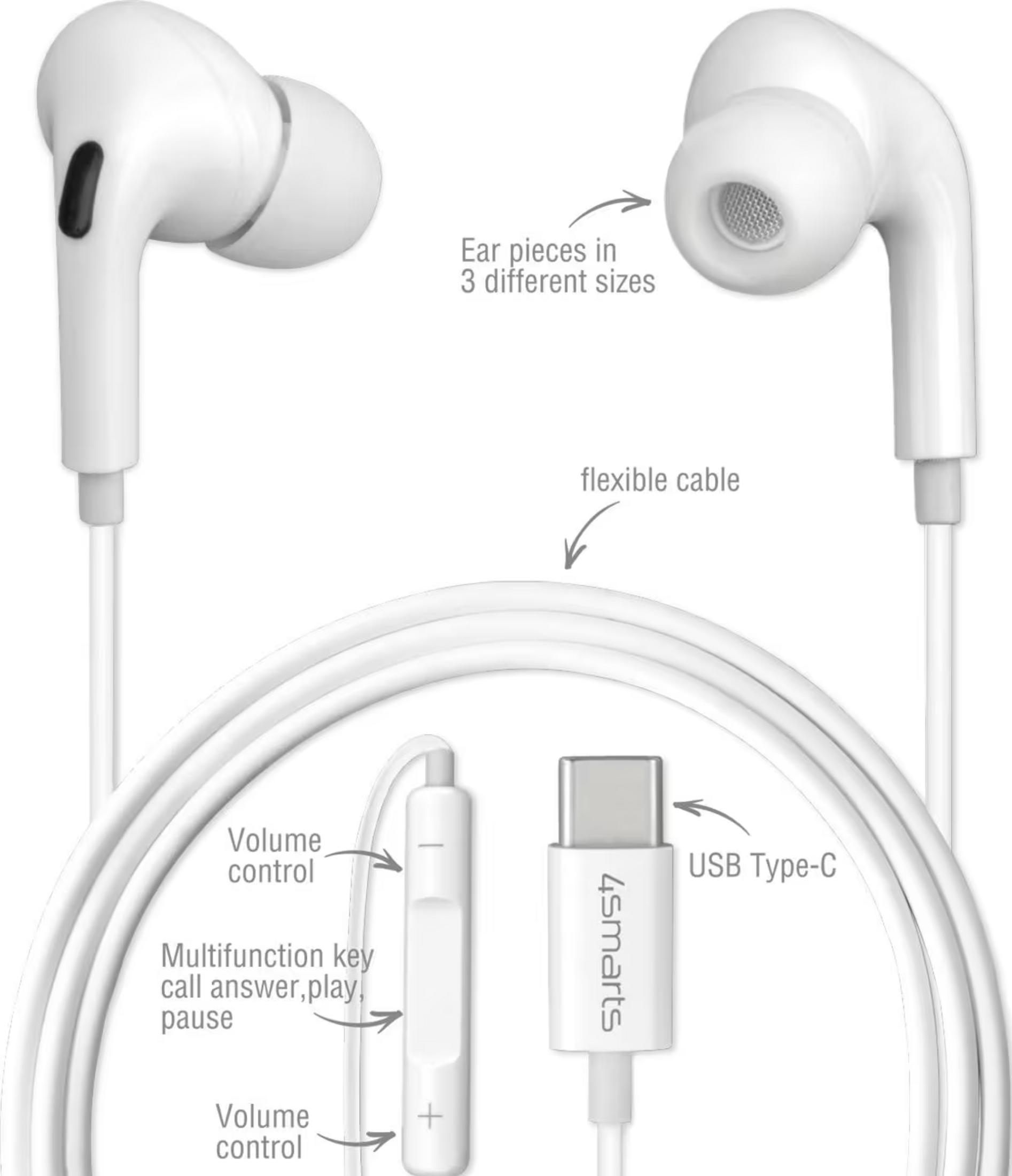 Białe słuchawki ze złączem USB-C, regulacją głośności i klawiszem wielofunkcyjnym.