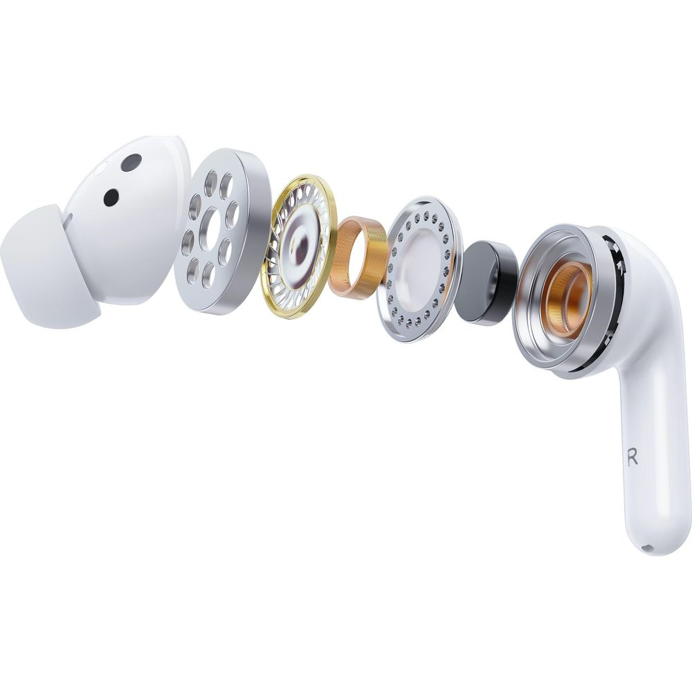 Widok rozstrzelony białej słuchawki dousznej, ukazujący jej wewnętrzne części.