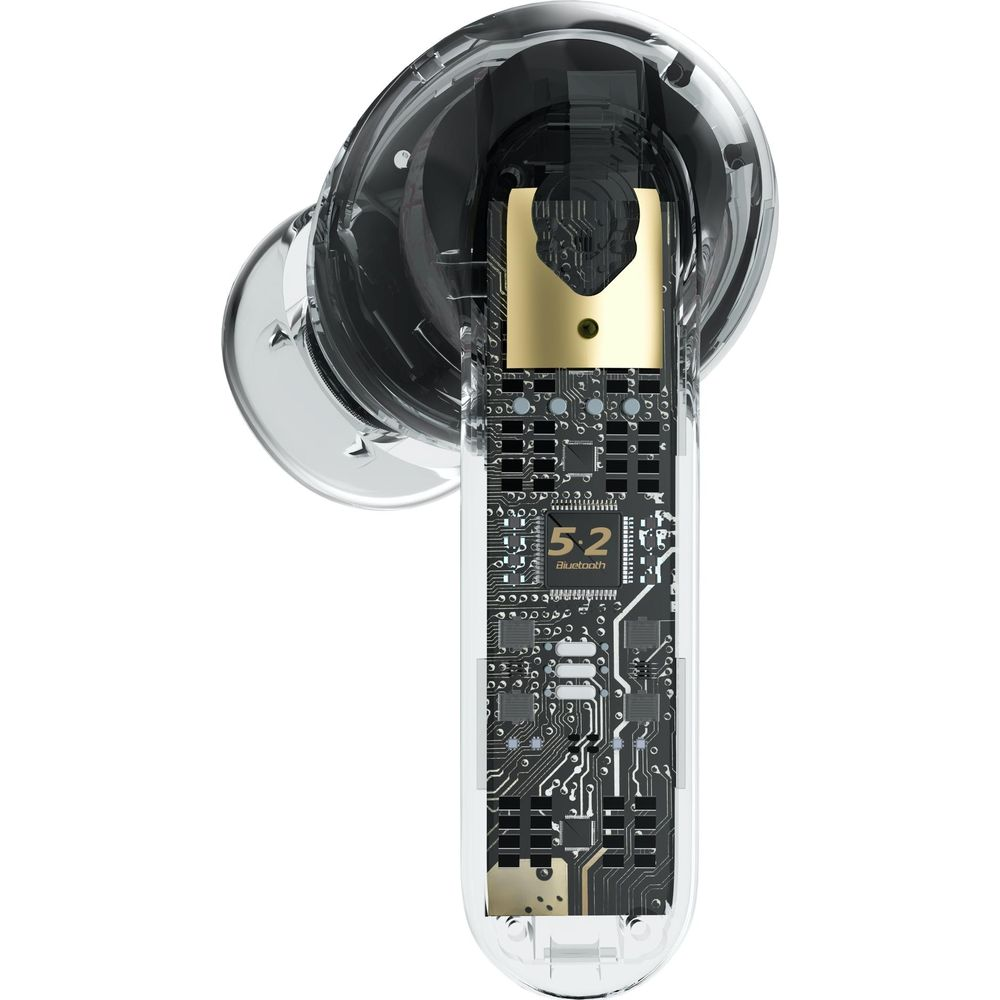 Przezroczysty pączek pokazuje wewnętrzne obwody z Bluetooth 5.2.