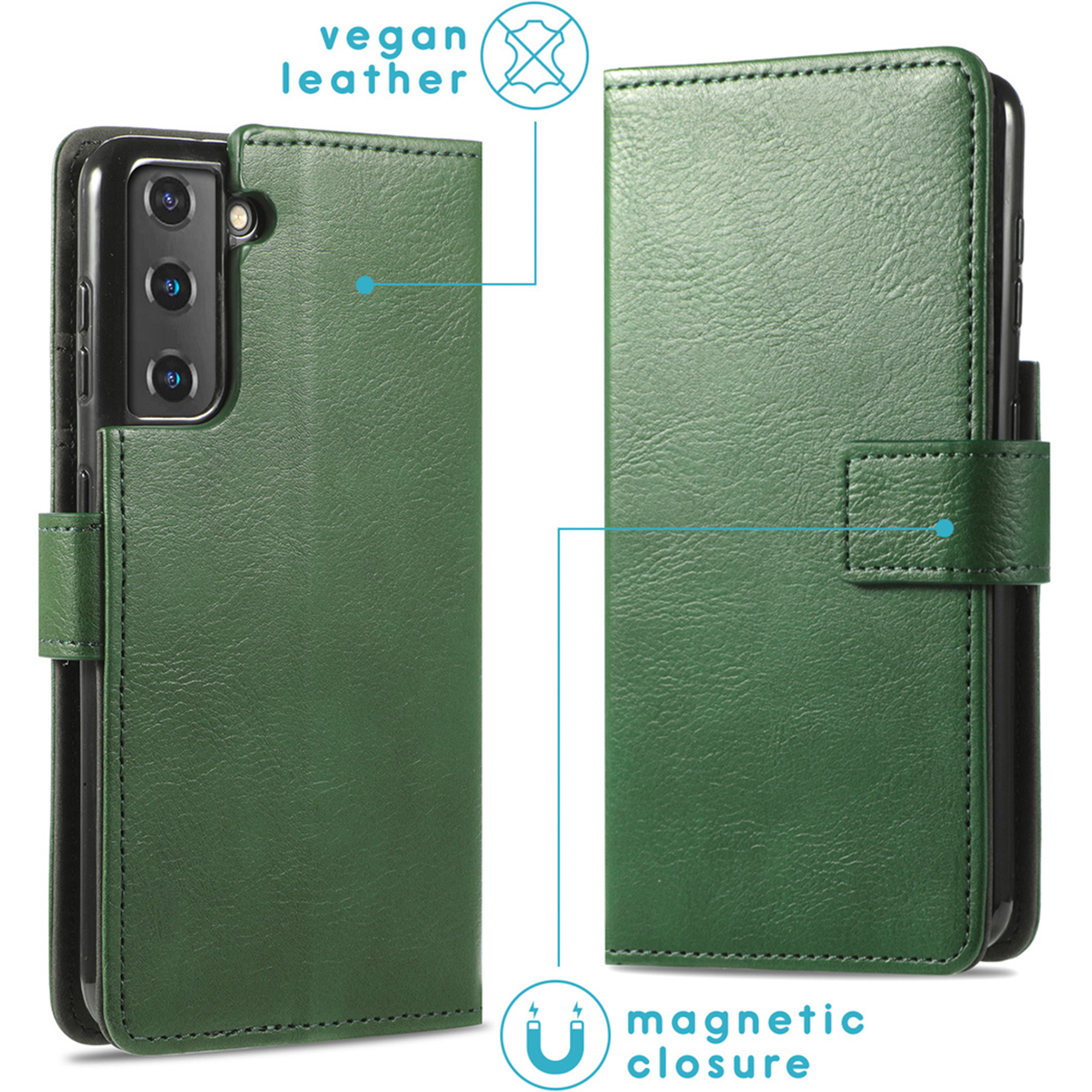 Custodia verde in pelle vegana per telefono con chiusura magnetica.