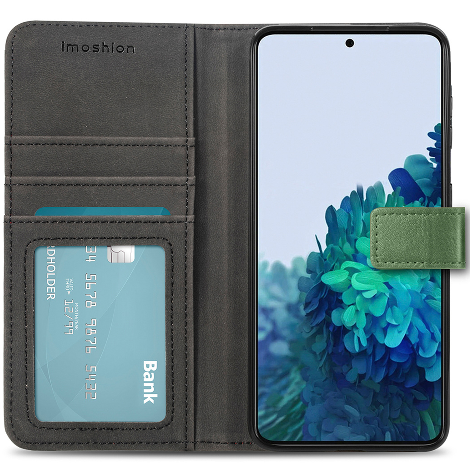 Custodia nera per telefono con slot per carte e linguetta verde. Un telefono è inserito.