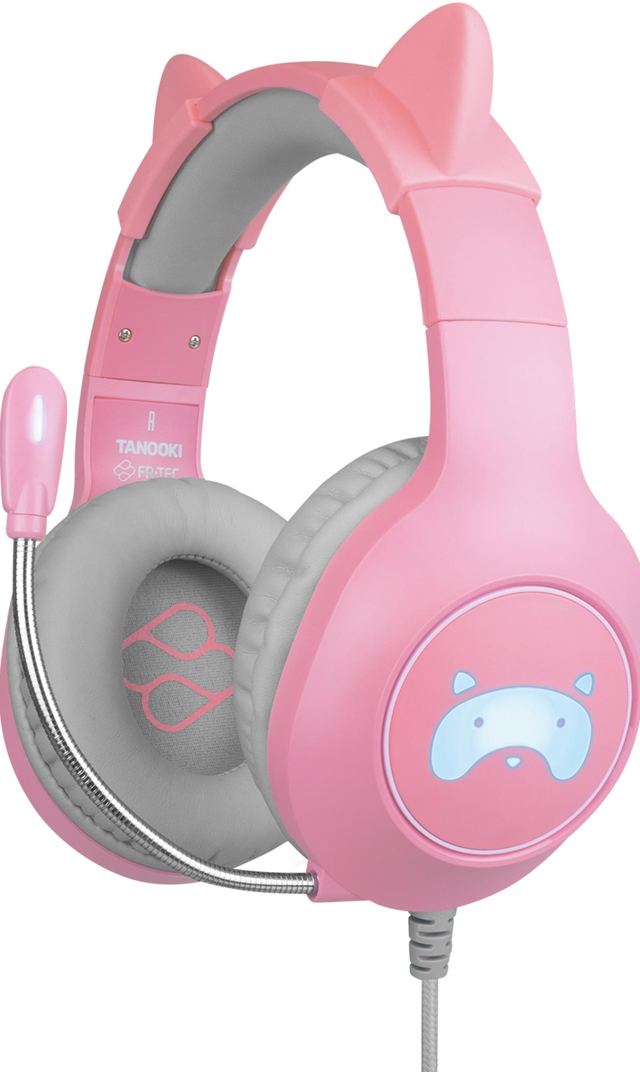 Różowe słuchawki z kocimi uszami i postacią zwierzątka.