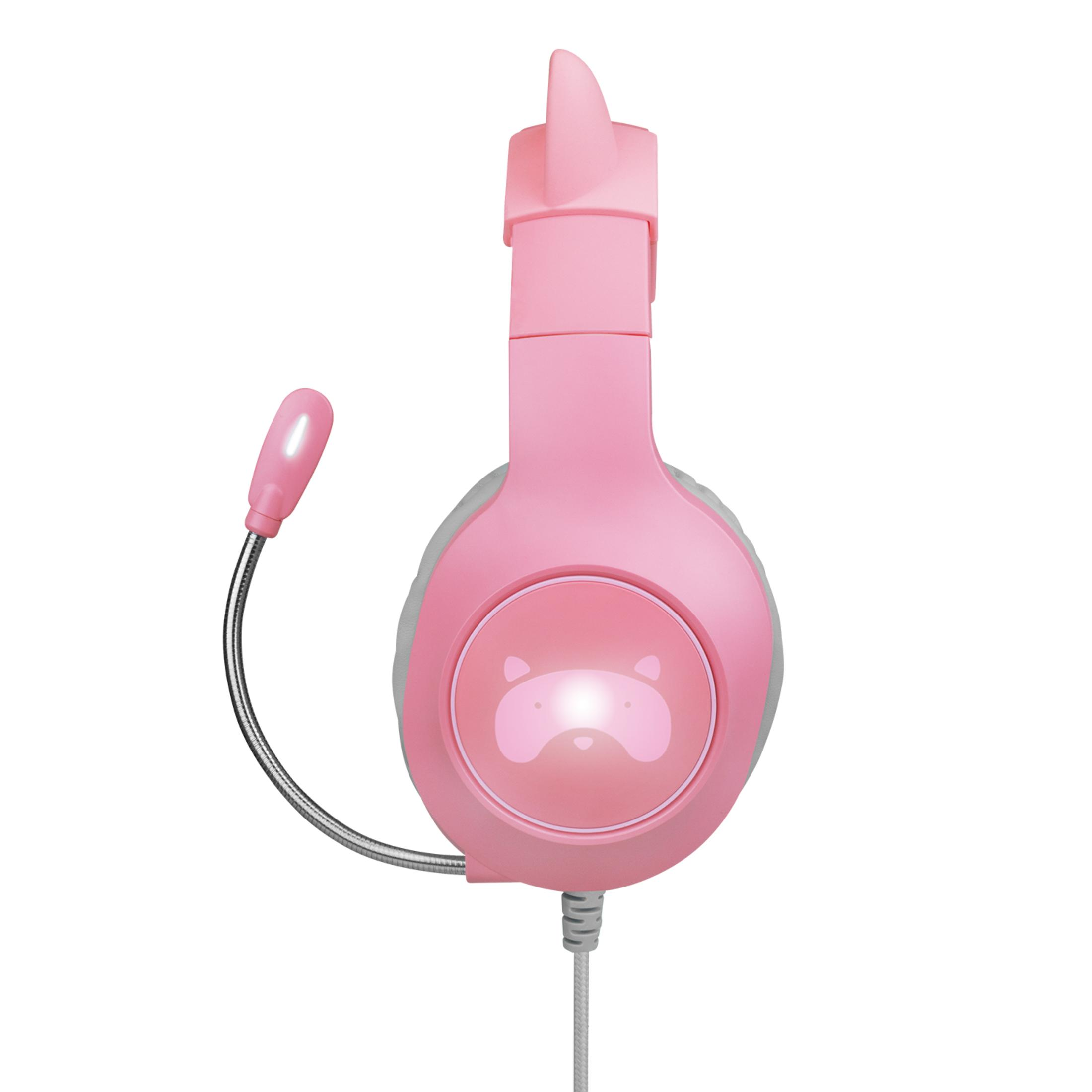 Różowe słuchawki z mikrofonem i motywem misia, który świeci na nauszniku.