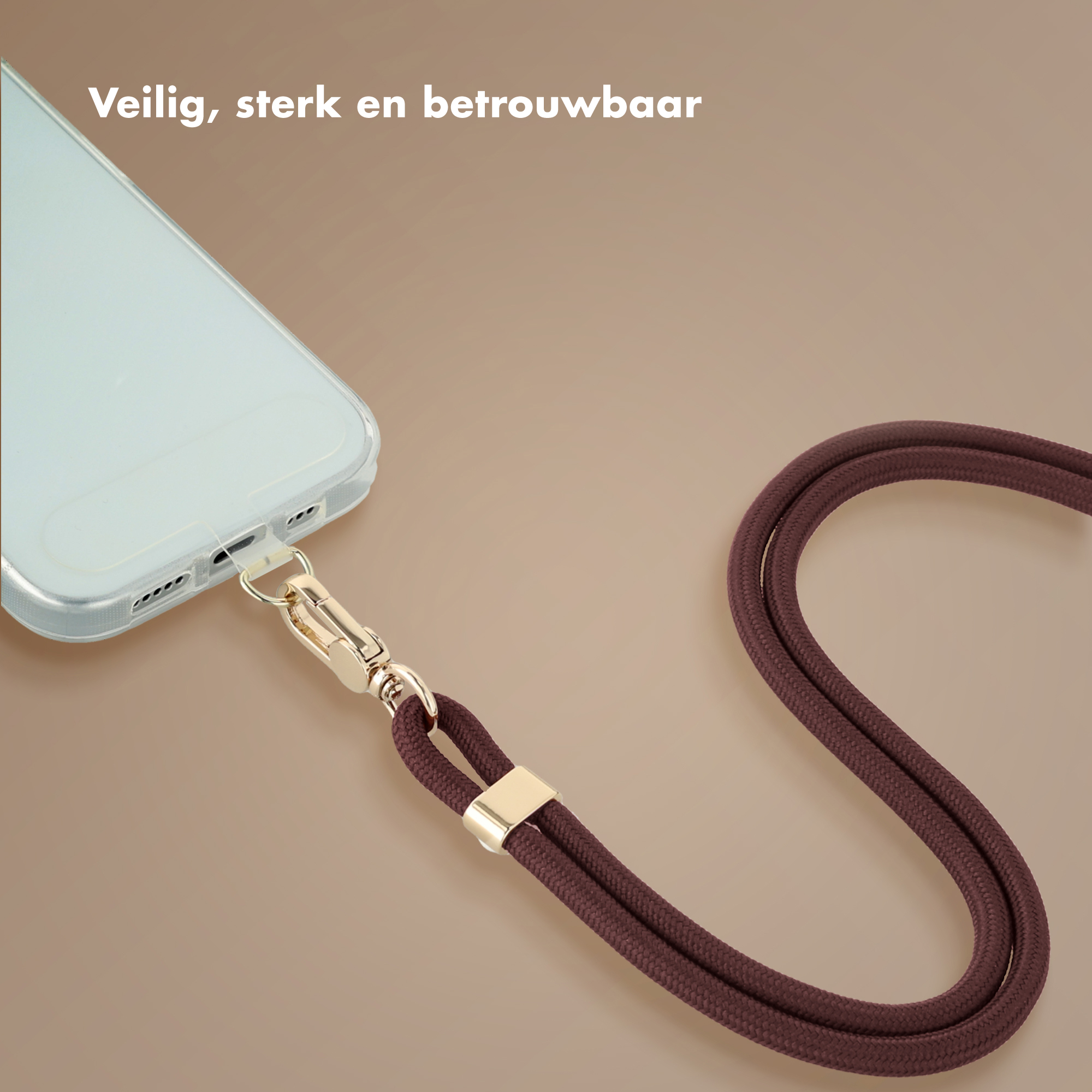 Een telefoon in een doorzichtig hoesje met bruin koord en gouden clip.