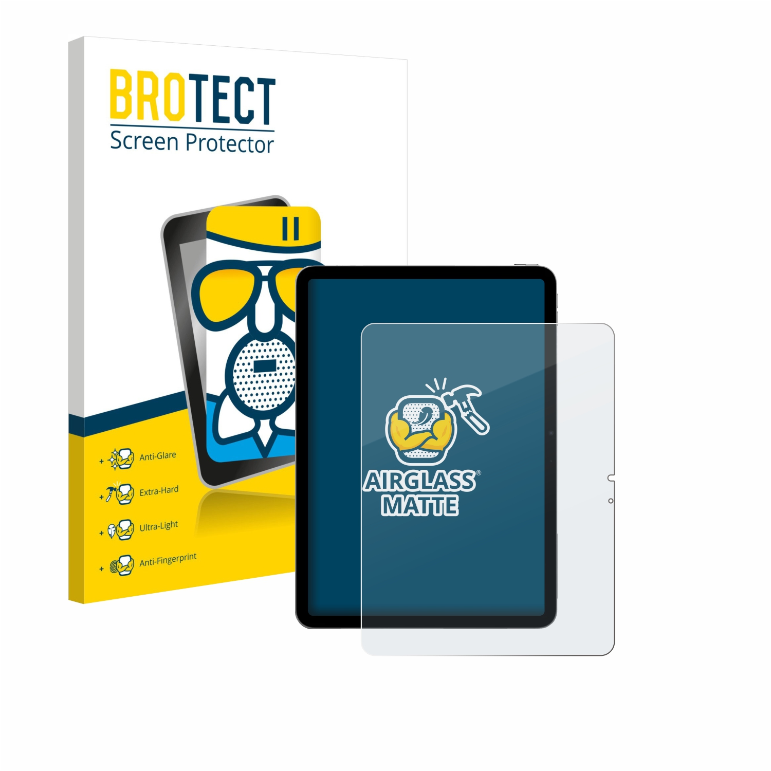 BROTECT Displayschutzfolie mit Tablet und Verpackung. Bietet Anti-Glare, Extra-Hard Schutz.