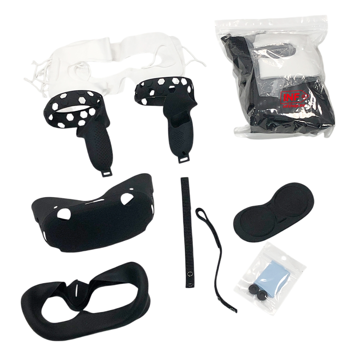 Akcesoria VR: osłony ochronne na gogle i kontrolery, nakładka na soczewki, ściereczka.