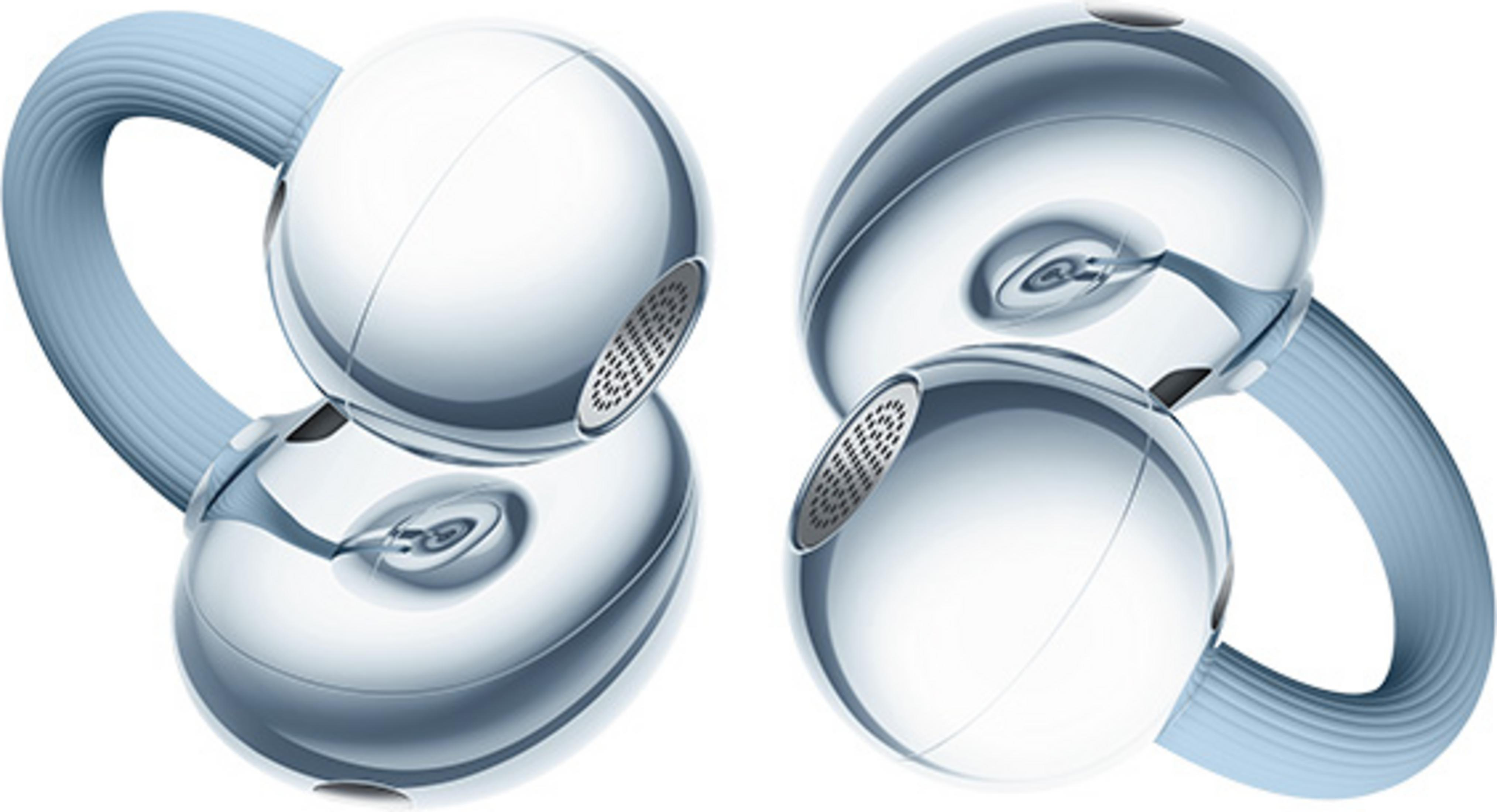 Deux objets sphériques brillants avec des poignées bleues sur fond blanc.