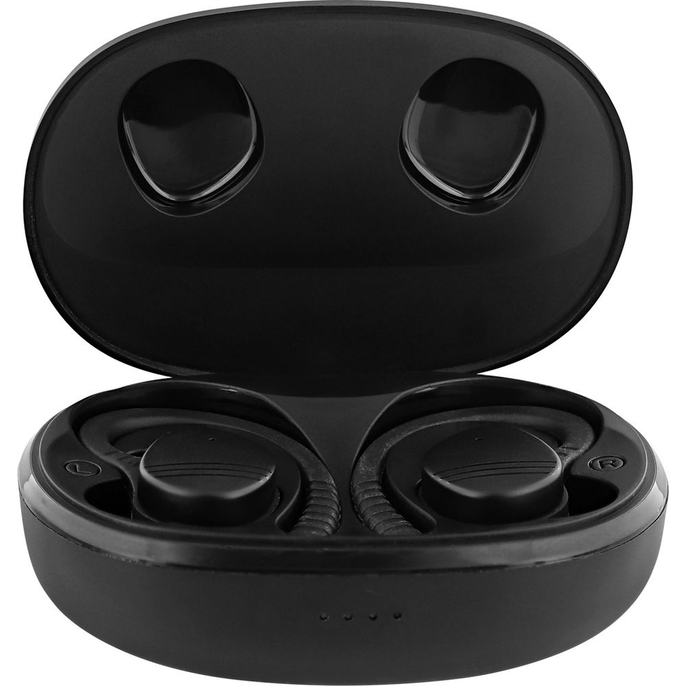Czarne słuchawki bezprzewodowe w otwartym etui ładującym.