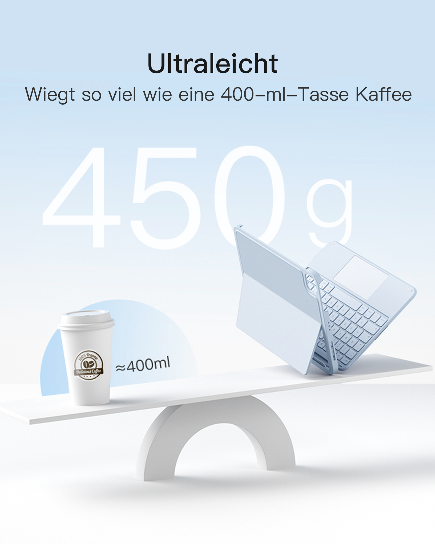 Ein Tablet mit Tastatur und eine Kaffeetasse wiegen 450g.