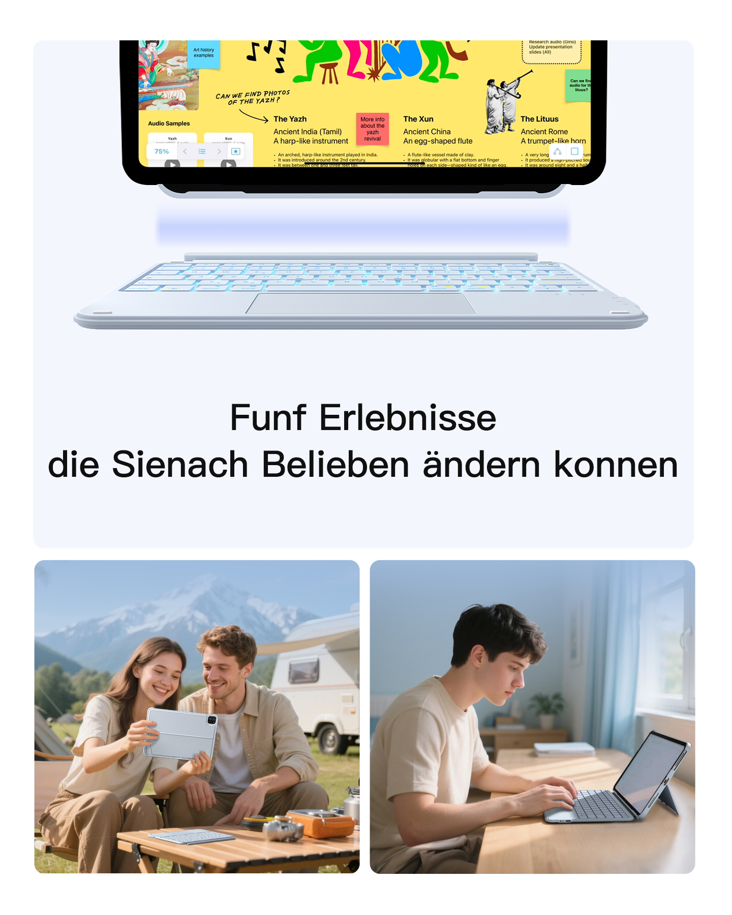 Tablet mit beleuchteter Tastatur, Paar beim Camping, Mann arbeitet am Laptop.