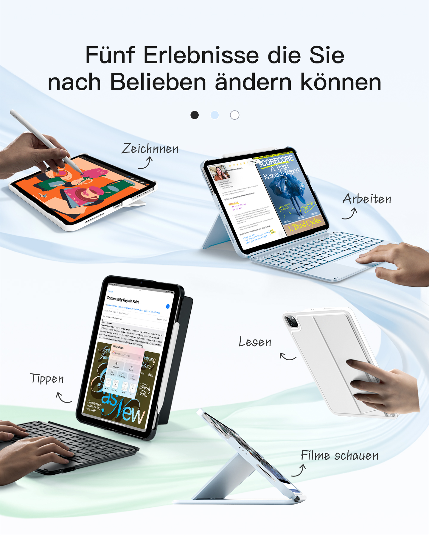 Tablets werden für verschiedene Aufgaben gezeigt: Zeichnen, Arbeiten, Lesen, Tippen, Filme schauen.