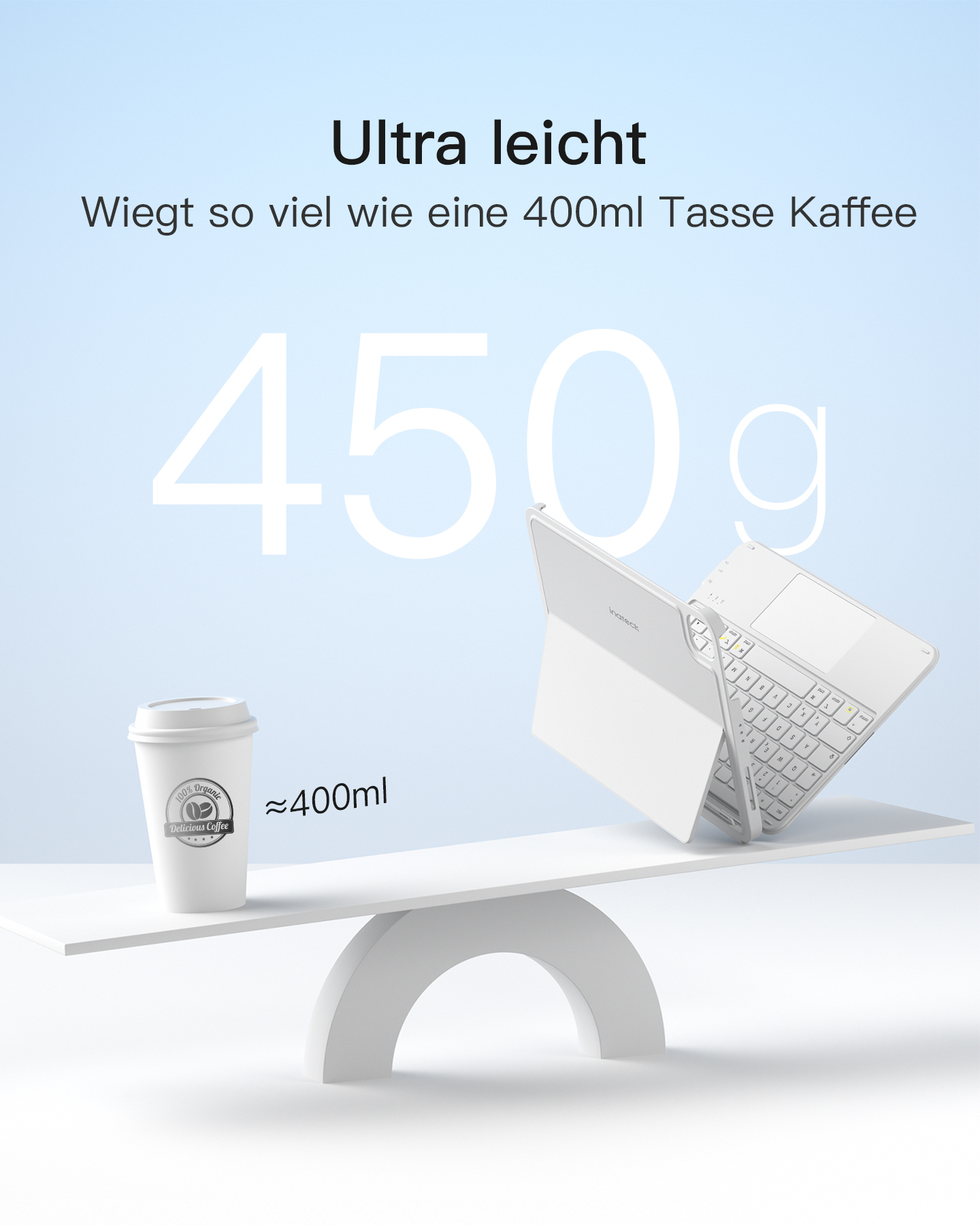 Eine Waage zeigt eine Kaffeetasse und ein weißes Tablet mit Tastatur, 450g vs 400ml.