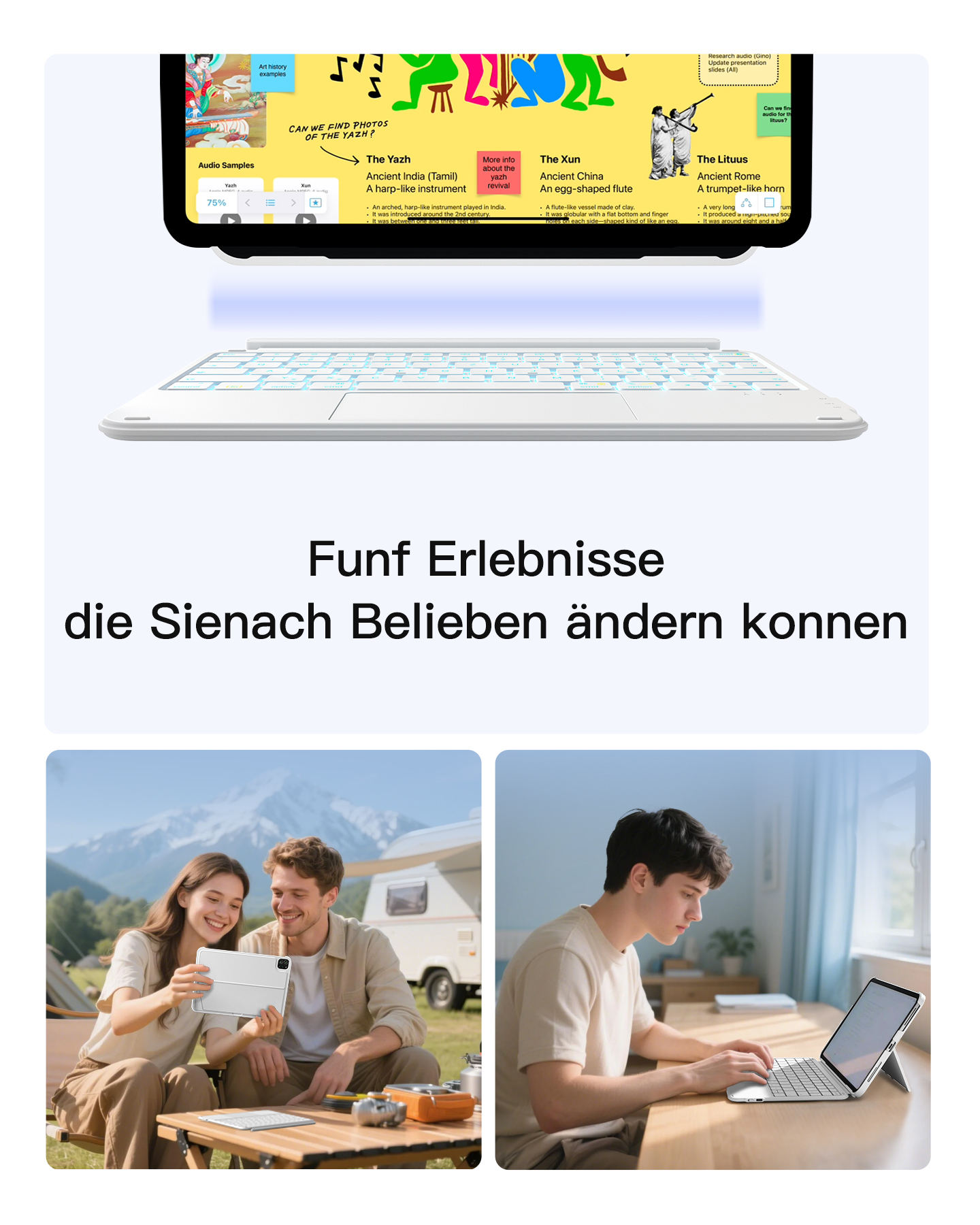 Ein Tablet mit beleuchteter Tastatur und drei Bildschirmen mit Musik- und Kulturinhalten.