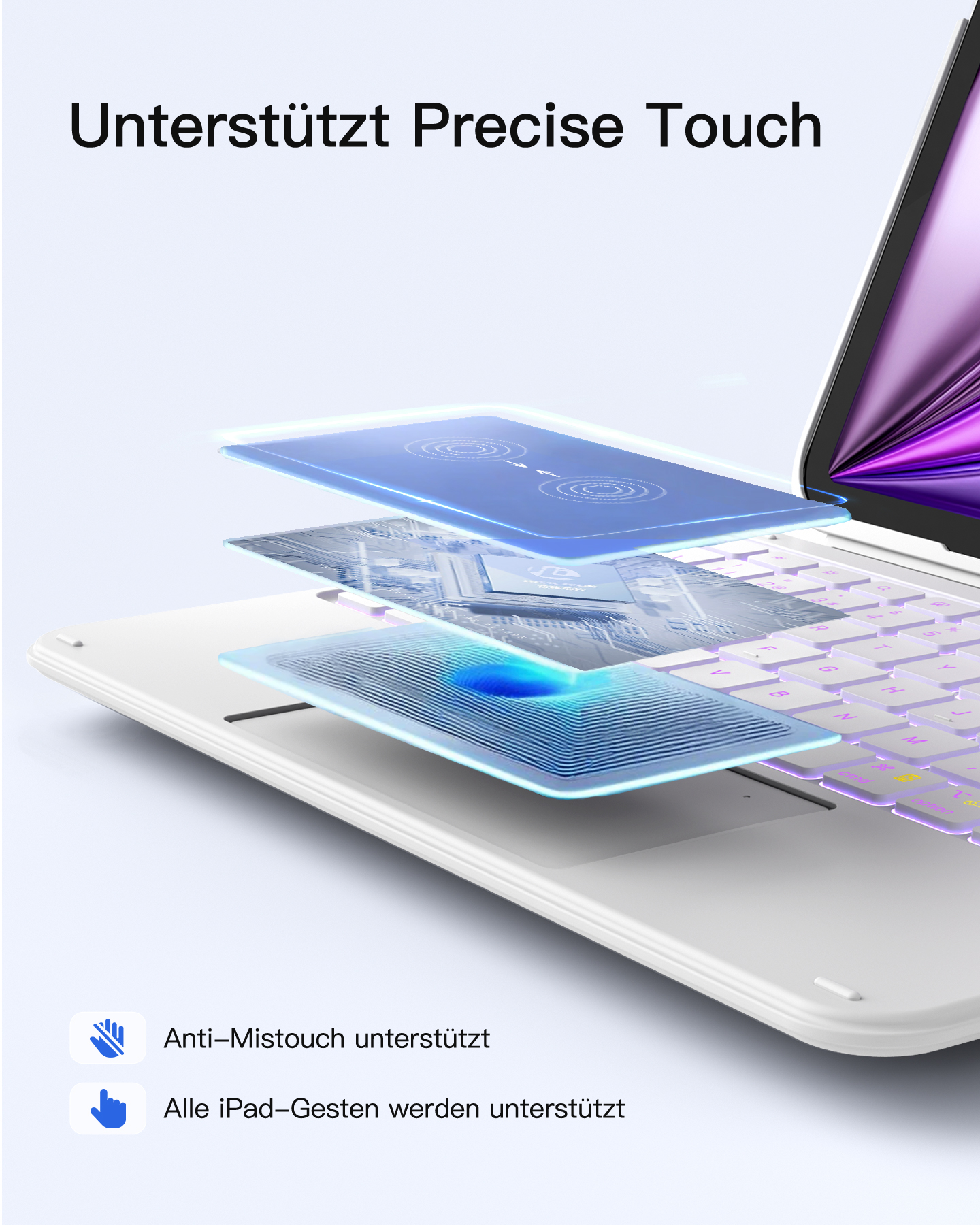 Ein Laptop mit beleuchteter Tastatur, die präzise Touch-Funktionen zeigt.
