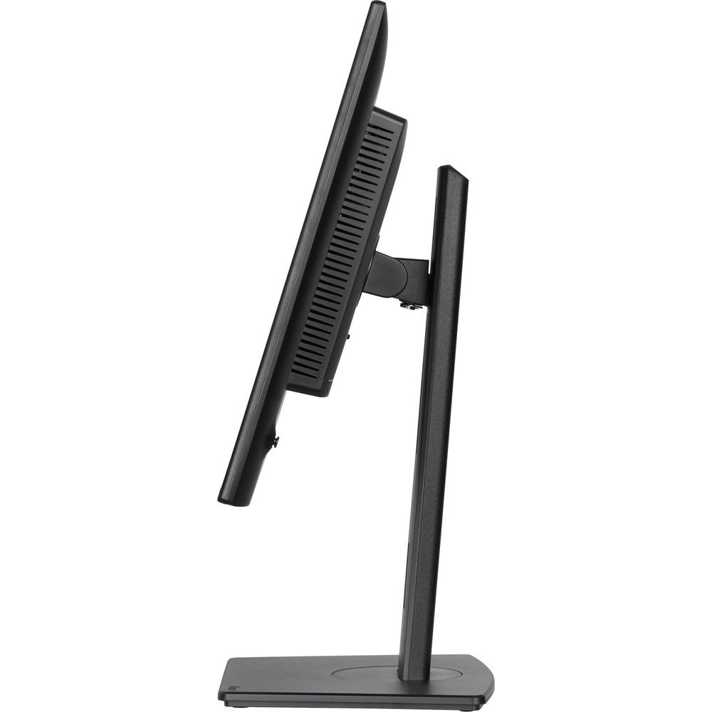 Widok z boku czarnego monitora z cienką ramką i otworami wentylacyjnymi.