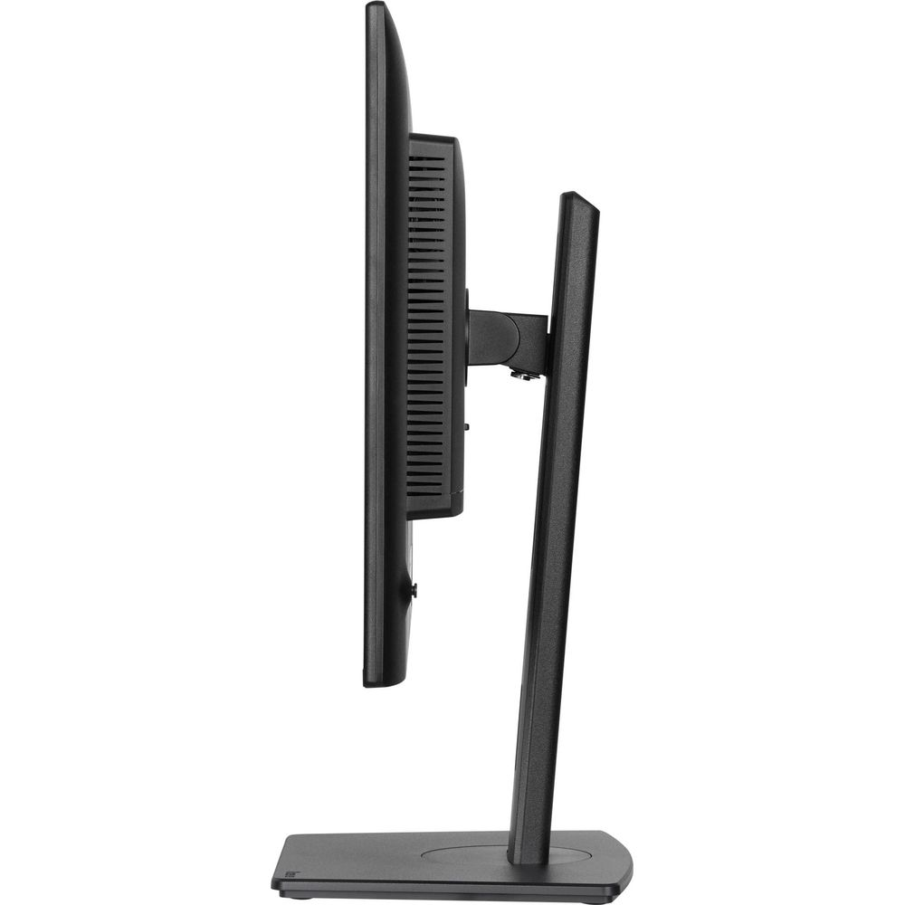 Widok z boku czarnego monitora komputerowego z otworami wentylacyjnymi i smukłą podstawą.