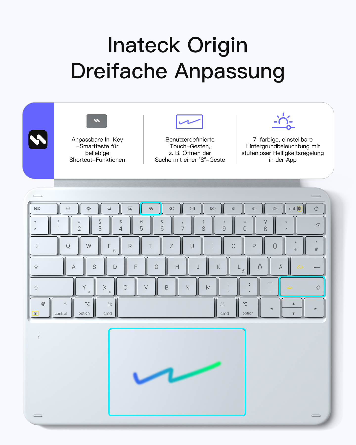 Ein weißes Keyboard mit Touchpad, das anpassbare Funktionen bietet.