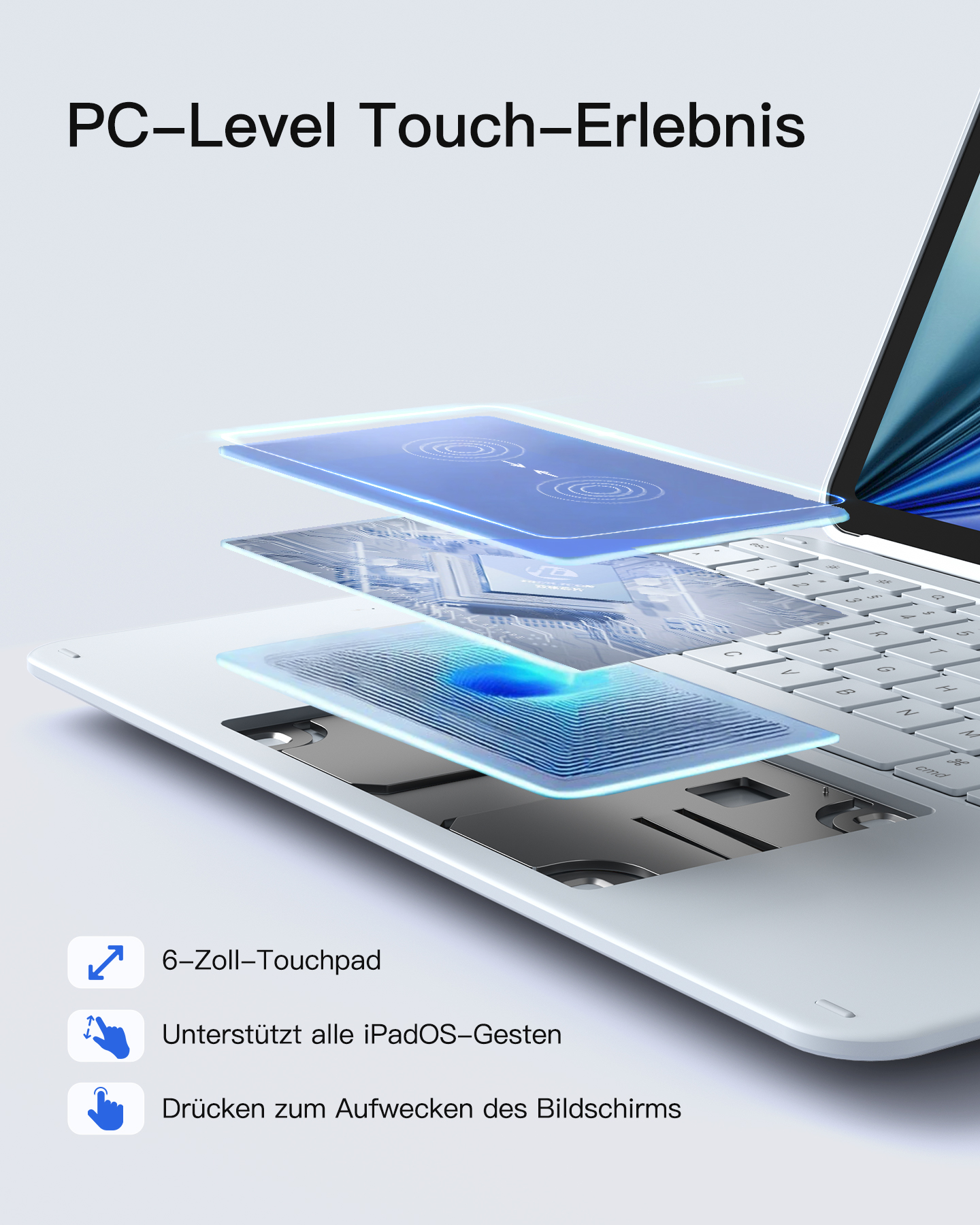 Grafik zeigt ein Laptop-Touchpad mit Touch-Gesten und Text über PC-Level Touch.