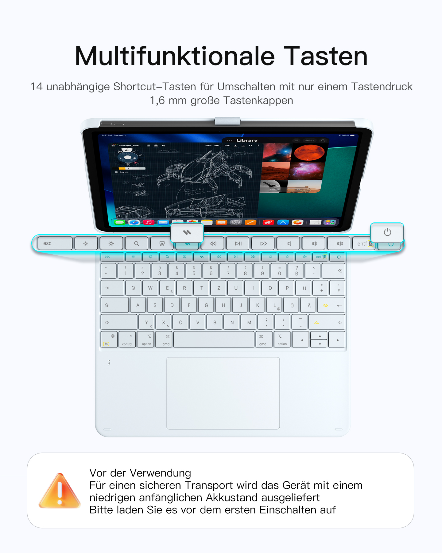 Ein hellblaues Tablet mit Tastatur und Touchpad. Die Tastatur hat viele Tasten.