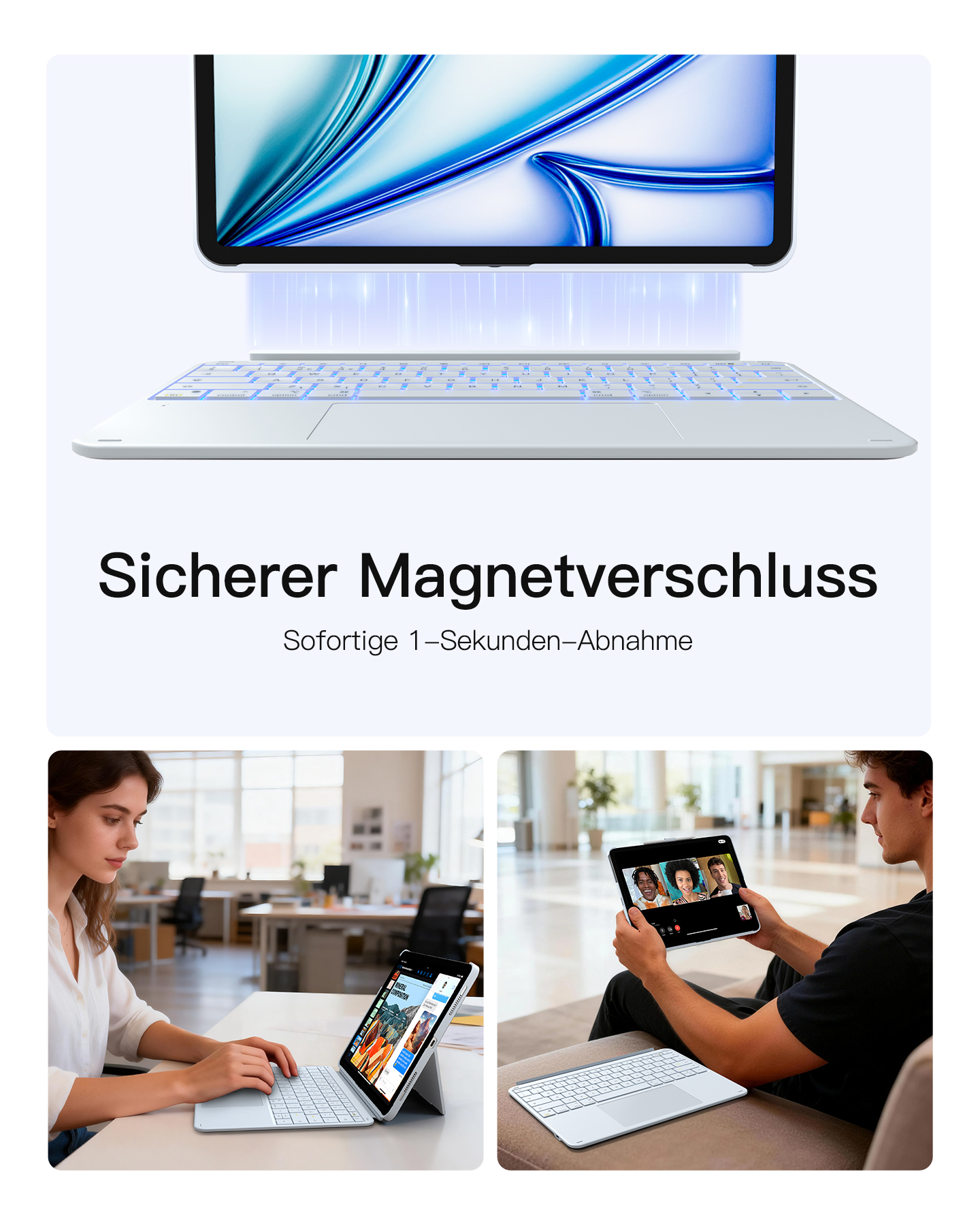 Ein Tablet mit Tastatur wird gezeigt. Eine Frau tippt, ein Mann macht einen Videoanruf.