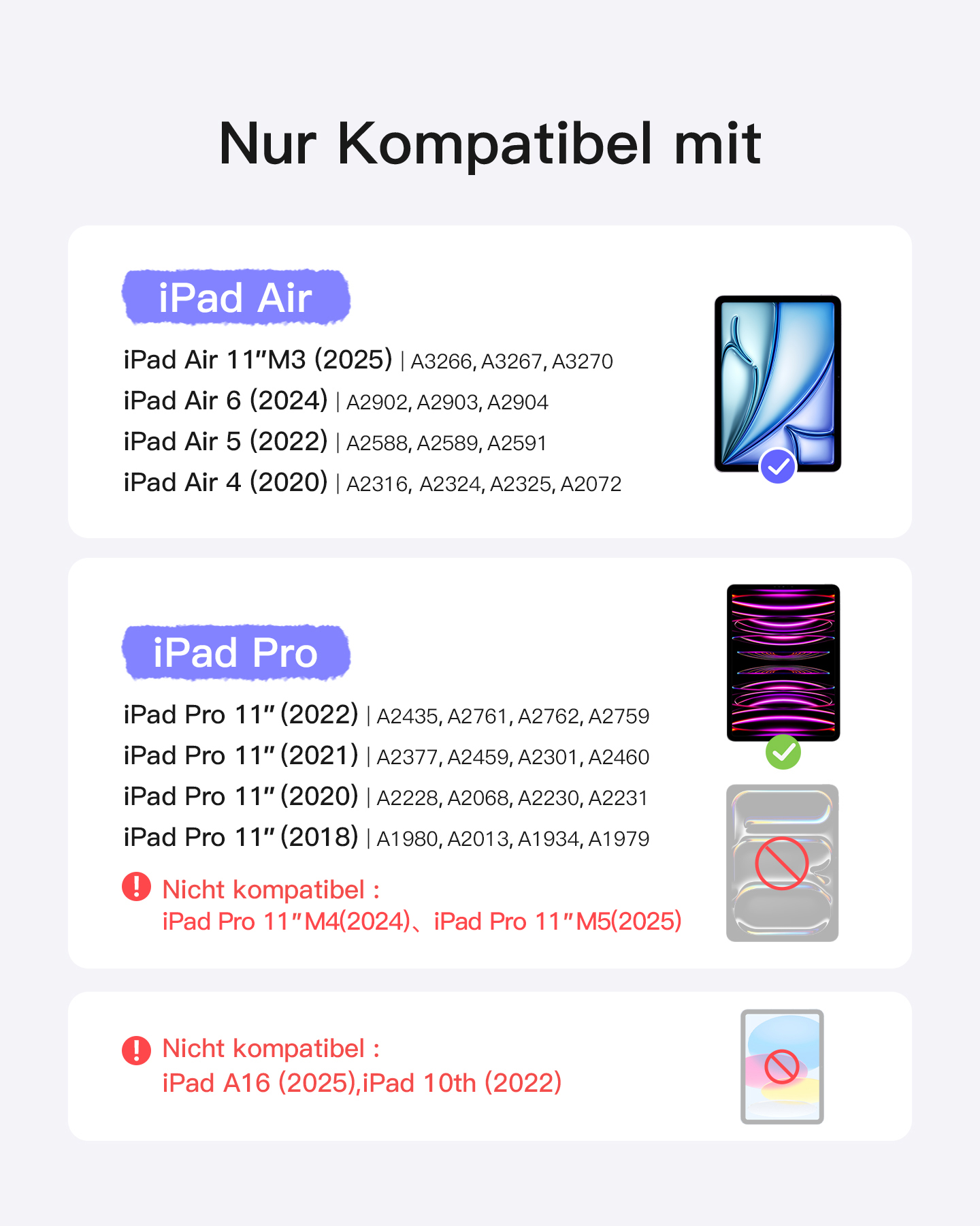 Liste kompatibler iPads mit Modellnummern und Bildern.