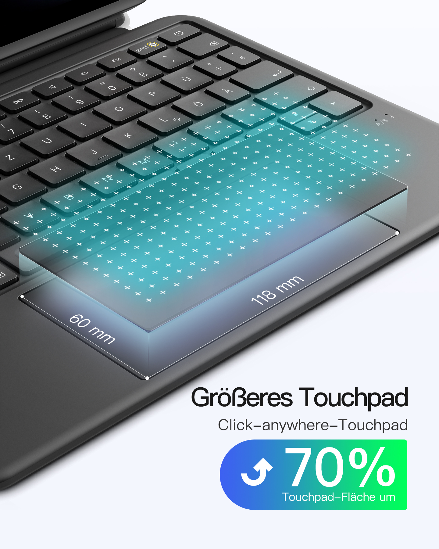 Nahaufnahme einer Tastatur mit beleuchtetem Touchpad. Maße 60mm x 118mm.