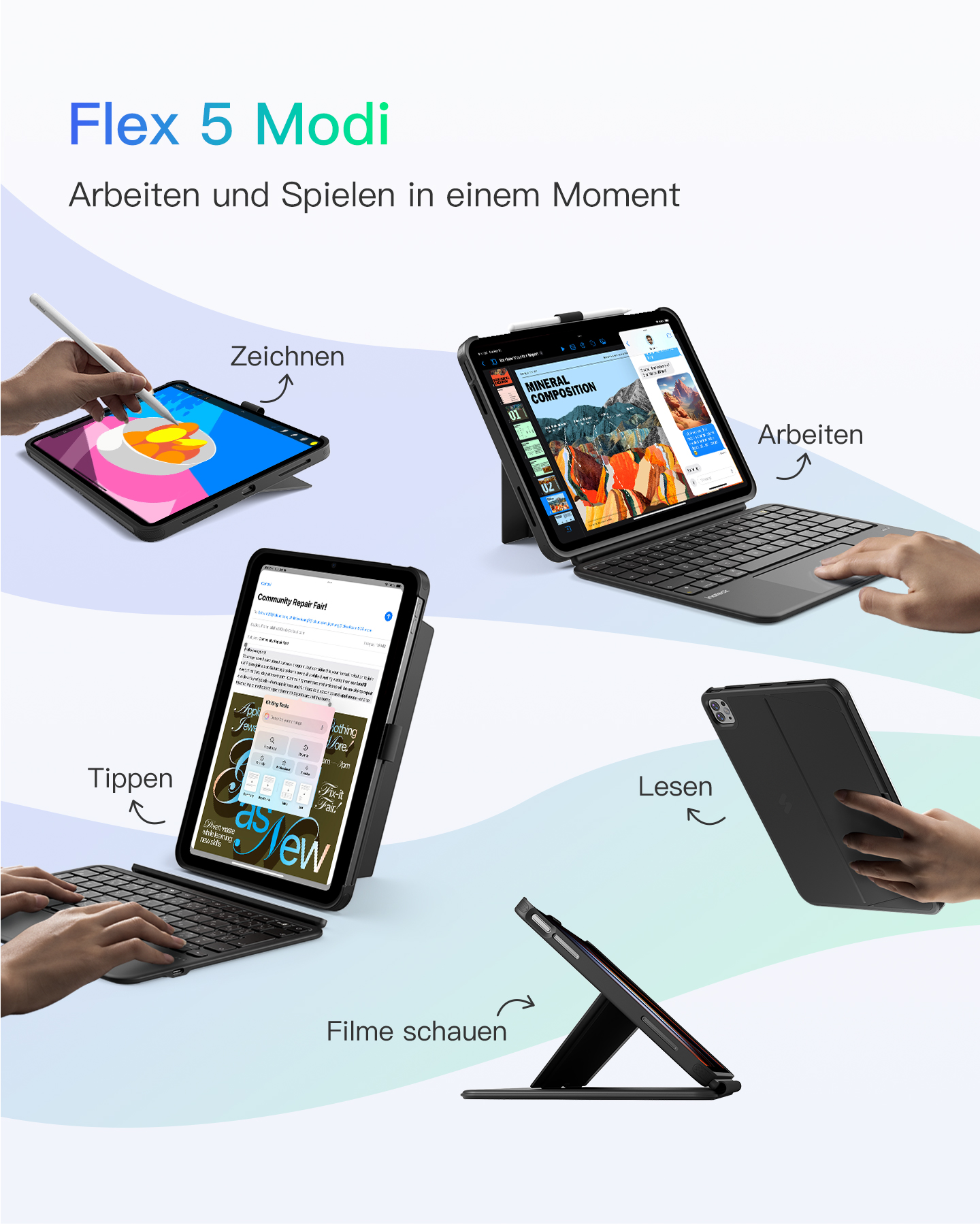 Vier Szenen zeigen ein Tablet: Zeichnen, Tippen, Arbeiten und Lesen.