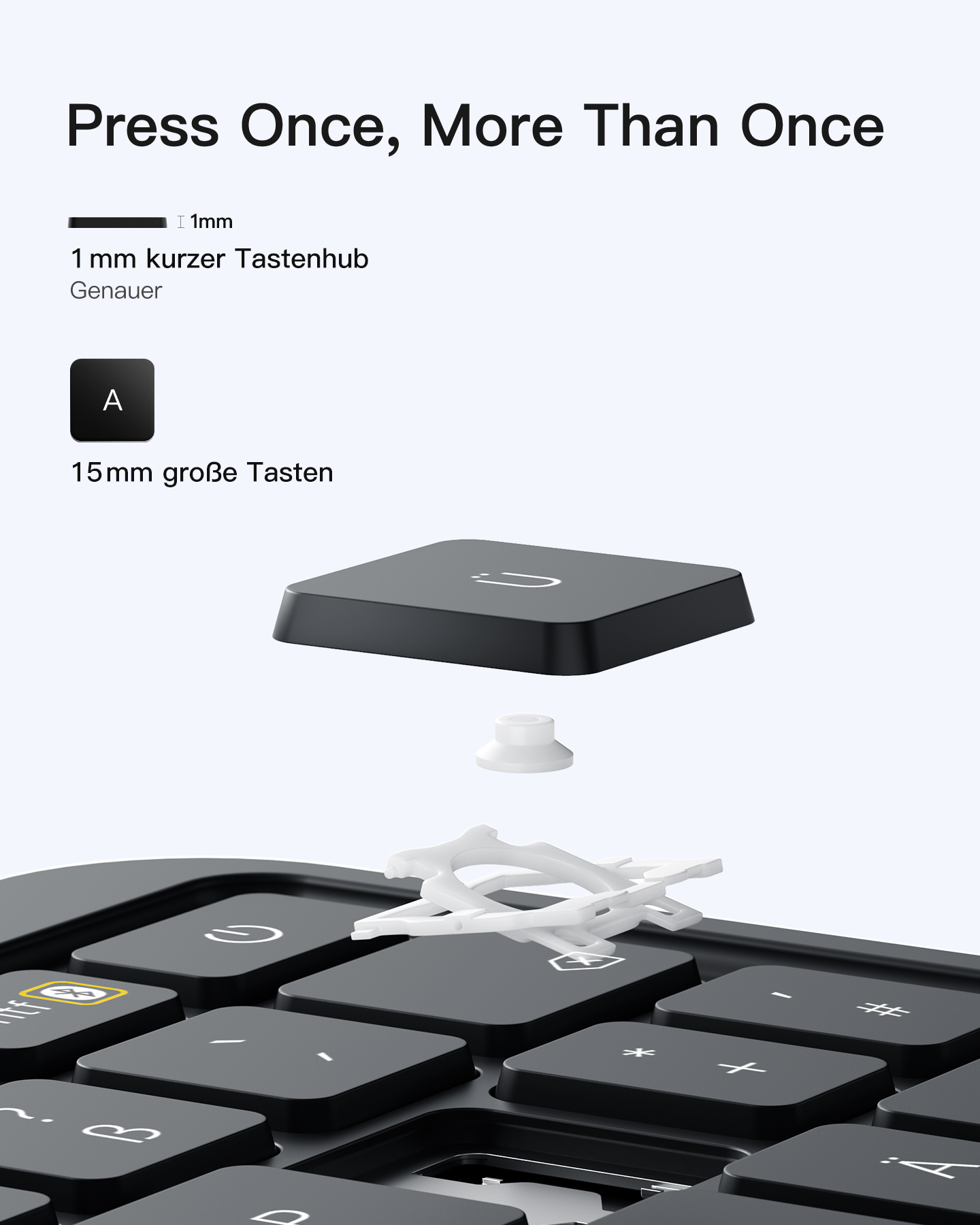 Nahaufnahme einer Tastatur mit hervorgehobener Taste 'A' und Mechanik.