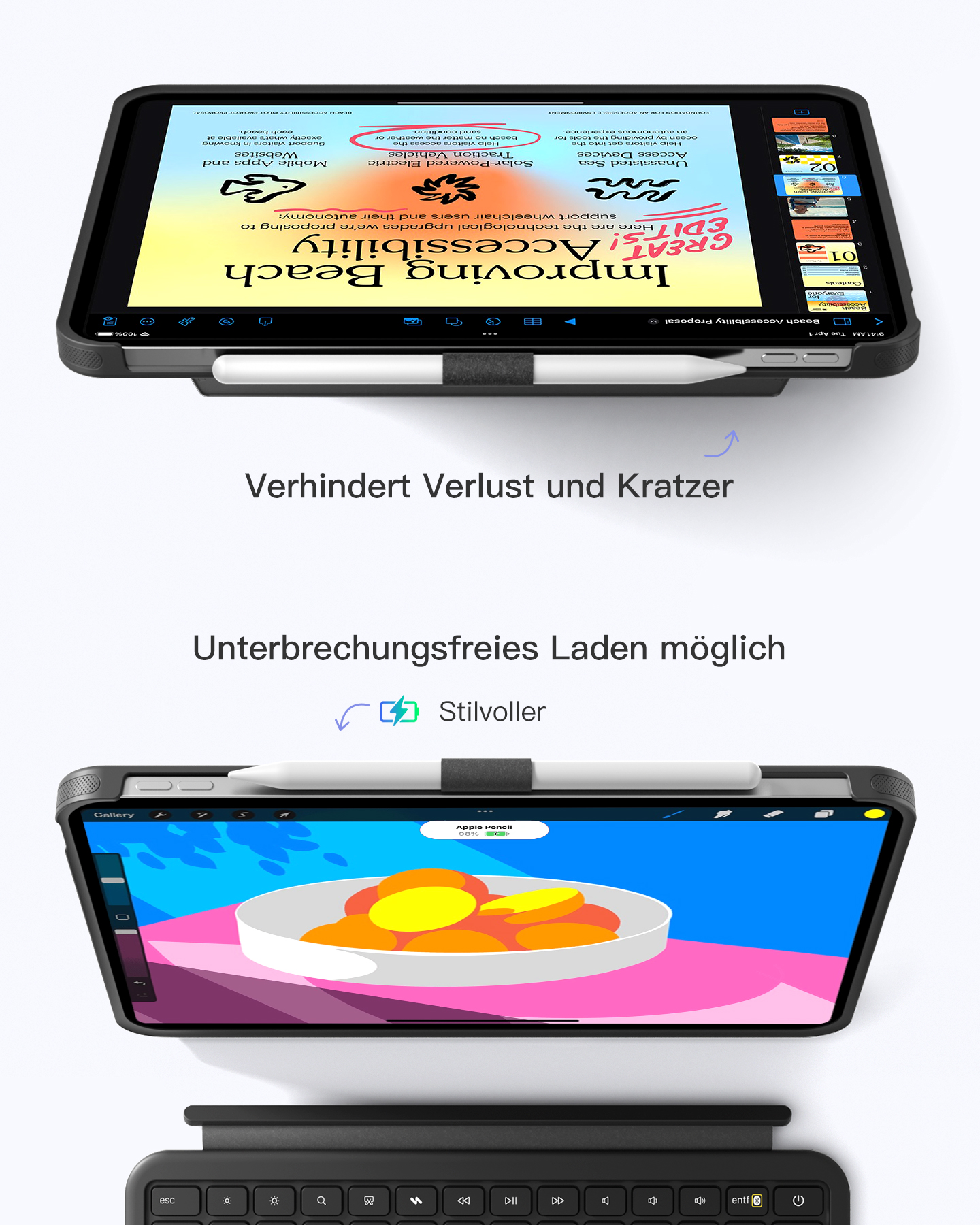 Ein Tablet mit Stift und Tastatur, das Strandzugänglichkeit zeigt.