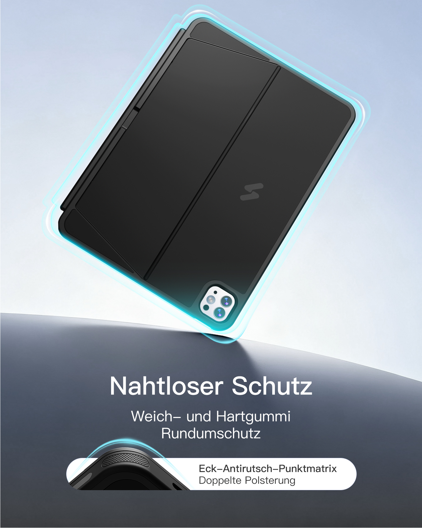 Schwarzes Tablet-Case mit blauem Leuchteffekt, Kameraaussparung.