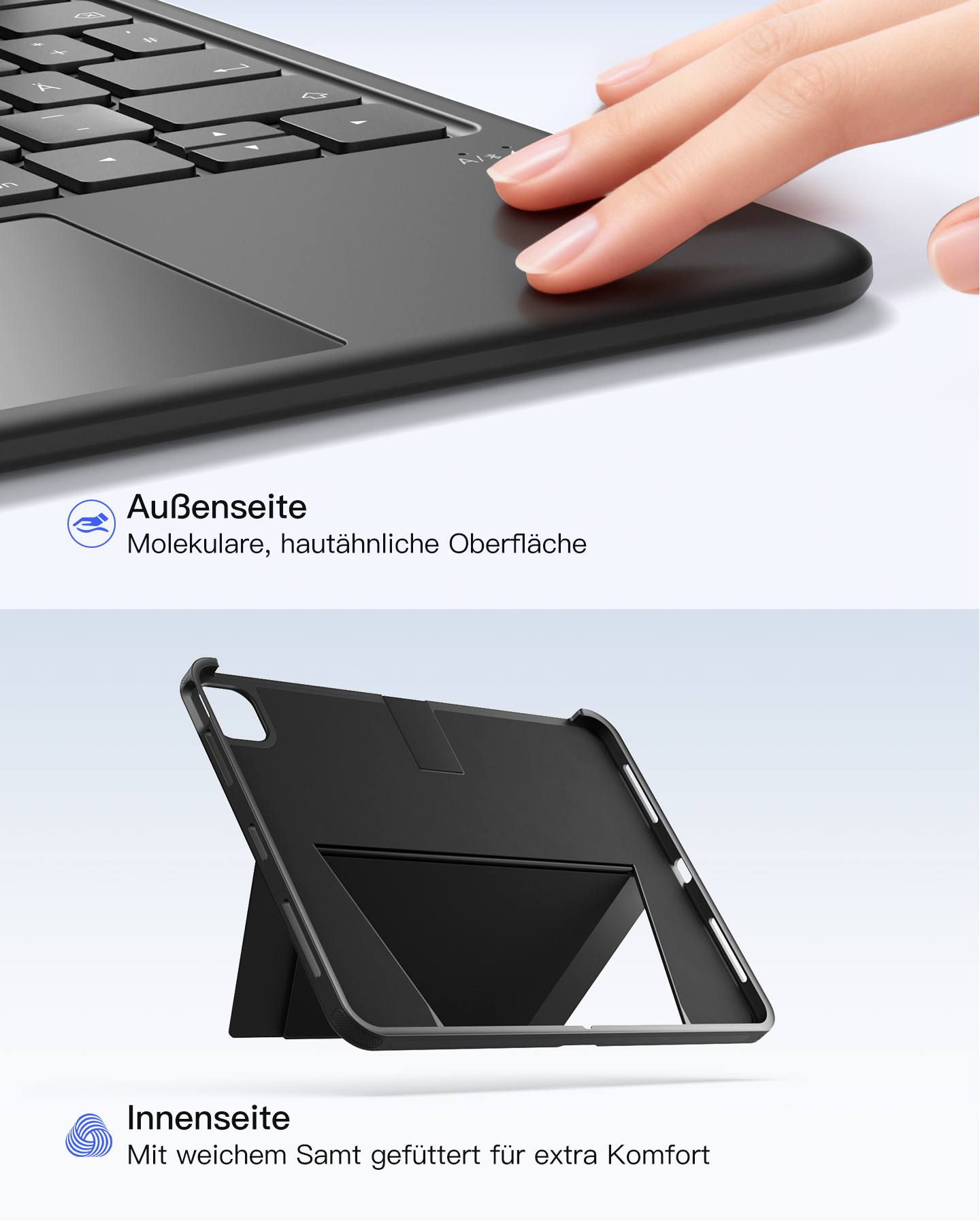 Eine Hand berührt eine schwarze Tastatur. Unten ein schwarzes Tablet-Etui.