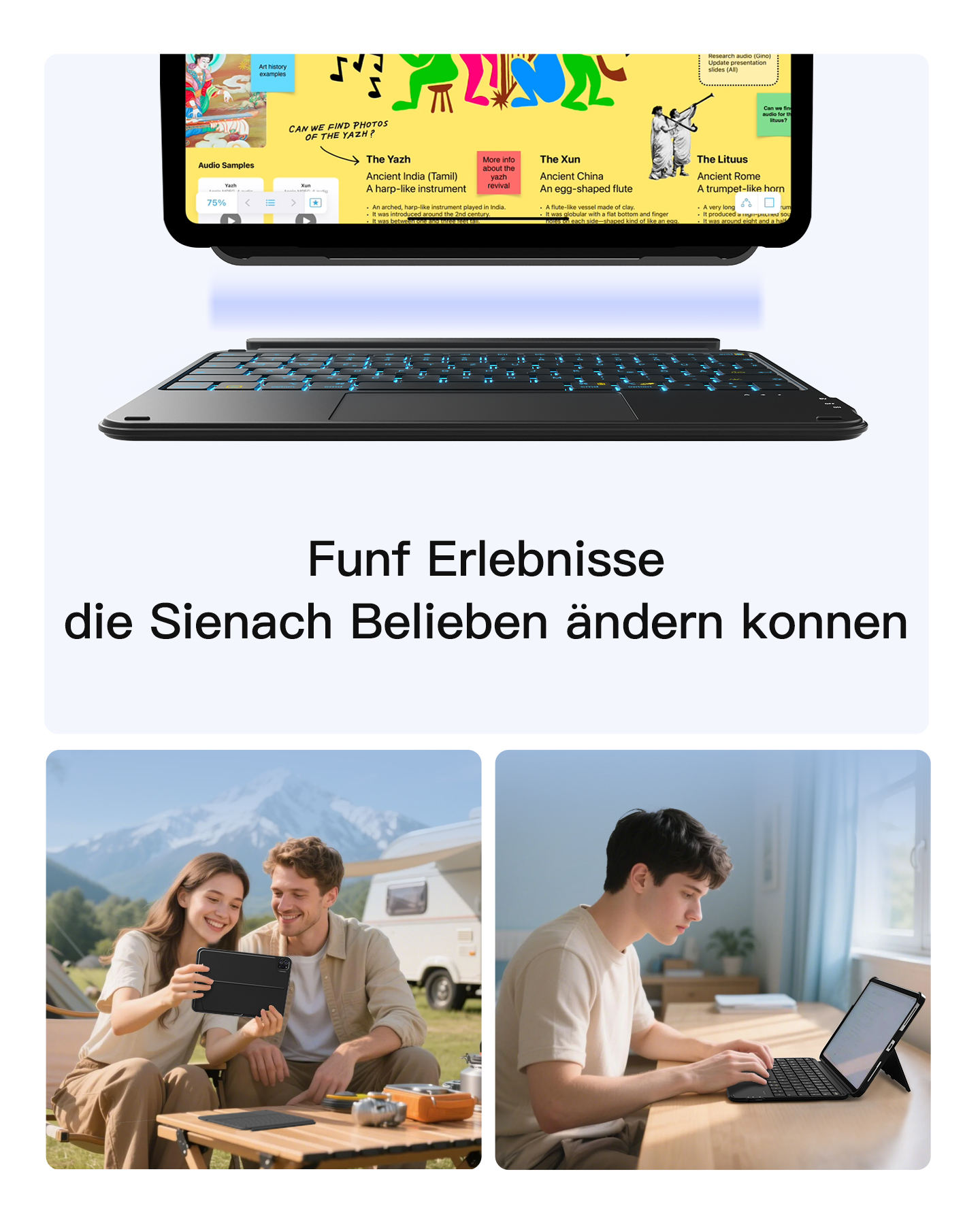 Ein Tablet mit Tastatur und ein Mann, der daran arbeitet.
