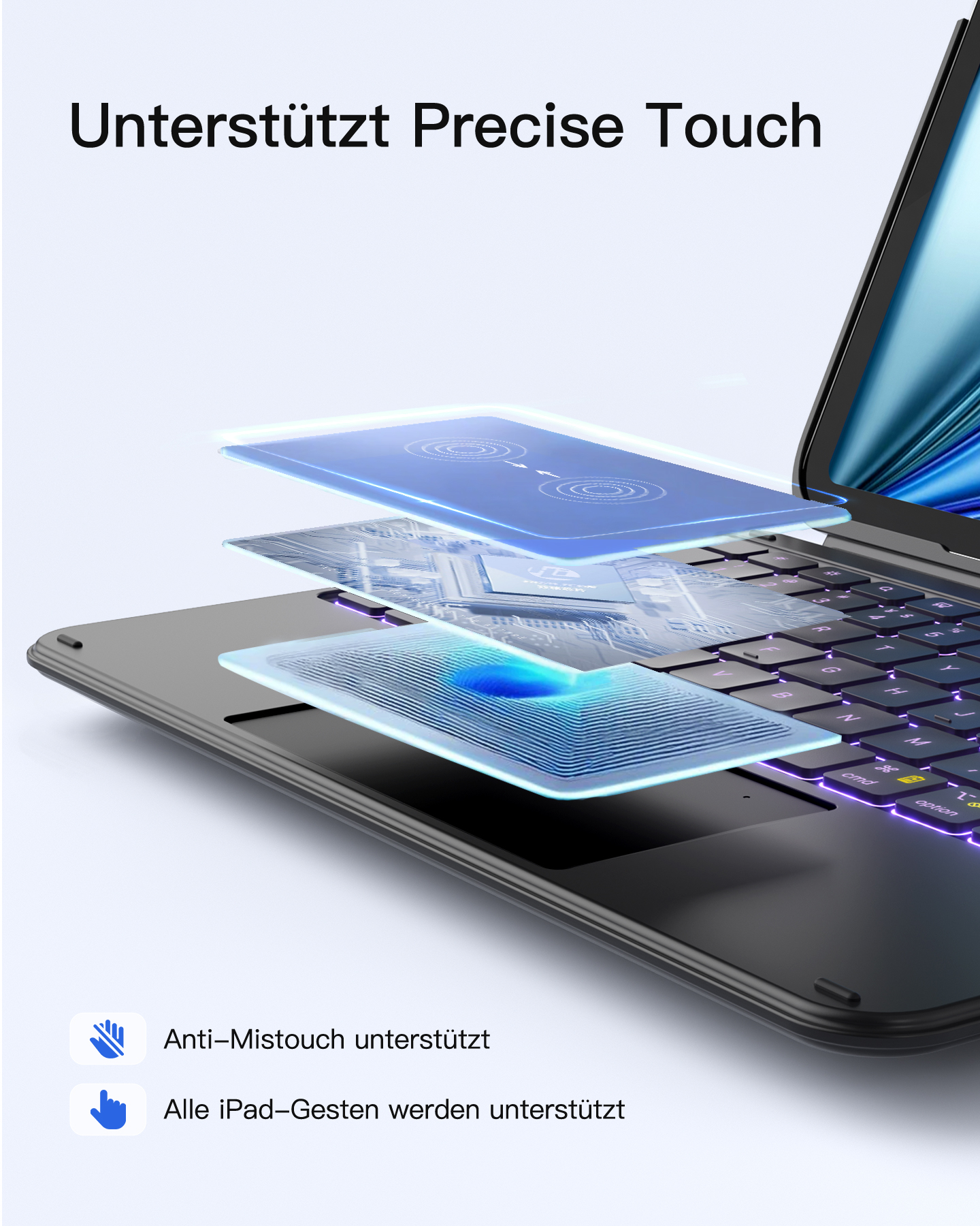 Grafik zeigt Tastatur mit Touchpad und Icons für Anti-Mistouch und iPad-Gesten.