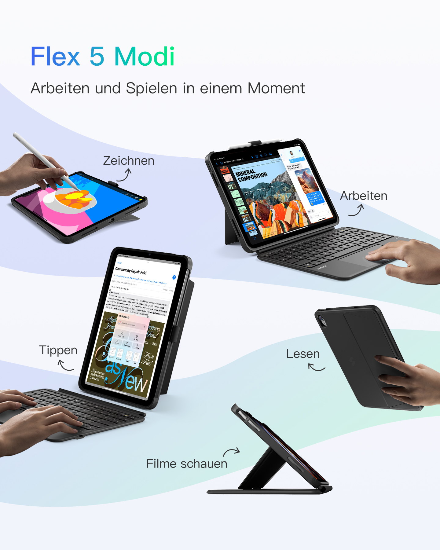 Flex 5 Modi: Zeichnen, Arbeiten, Tippen, Lesen und Filme schauen auf Tablets.