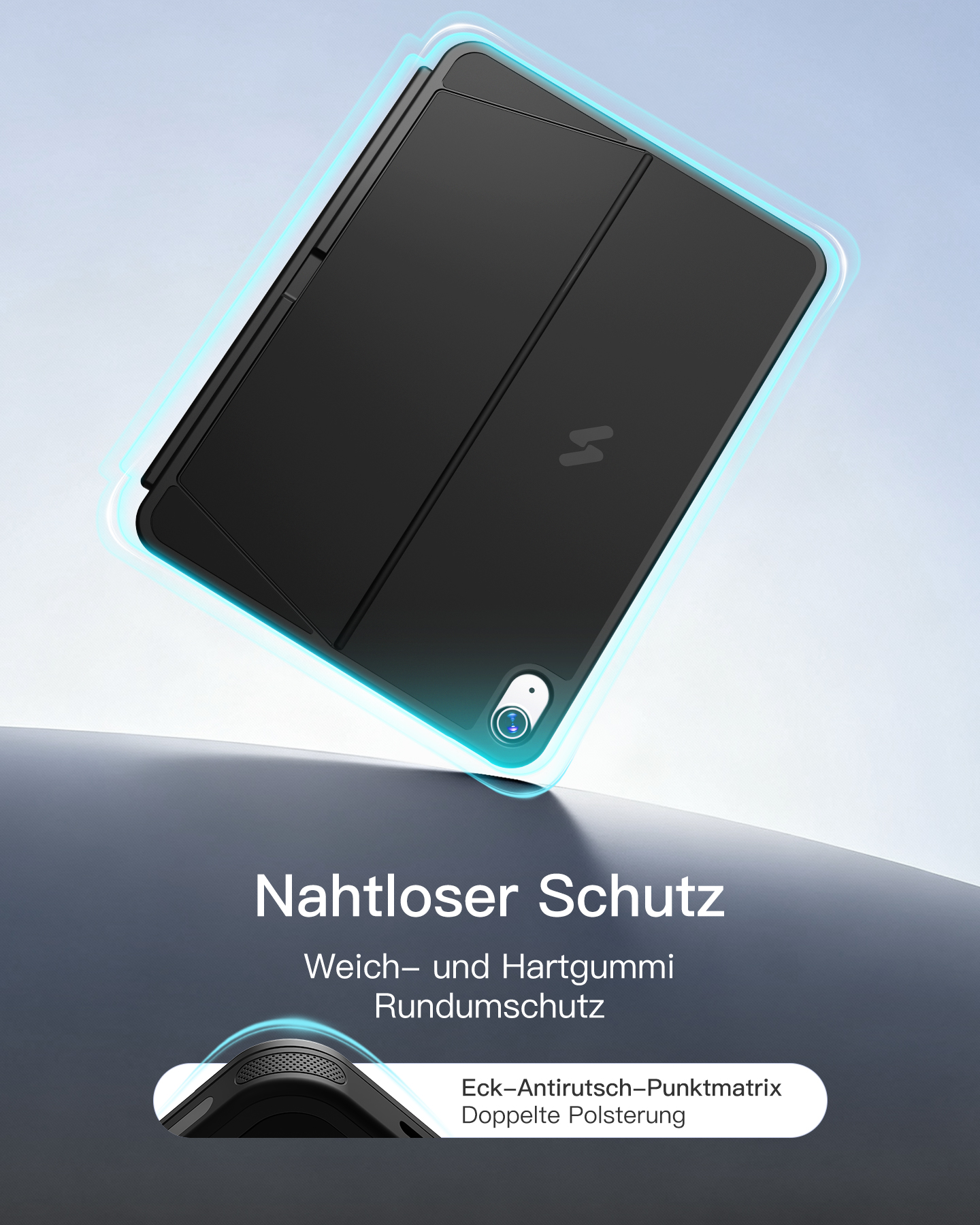 Schwarze Tablet-Hülle mit blauen Lichteffekten, die Schutz und Polsterung zeigt.