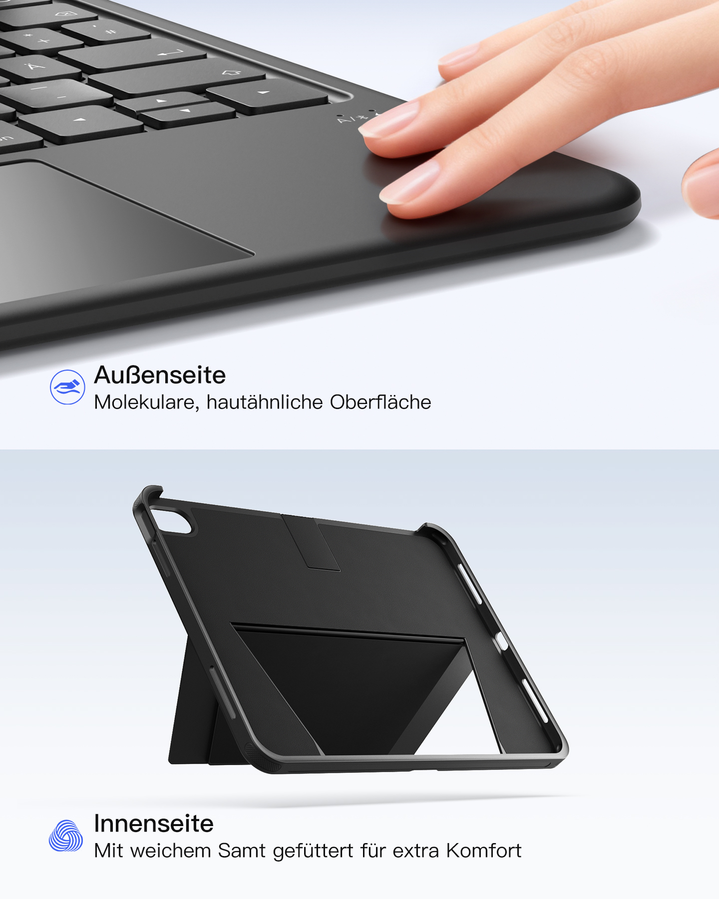 Oben: Hand auf schwarzer Tastatur. Unten: Schwarzer Tablet-Ständer.