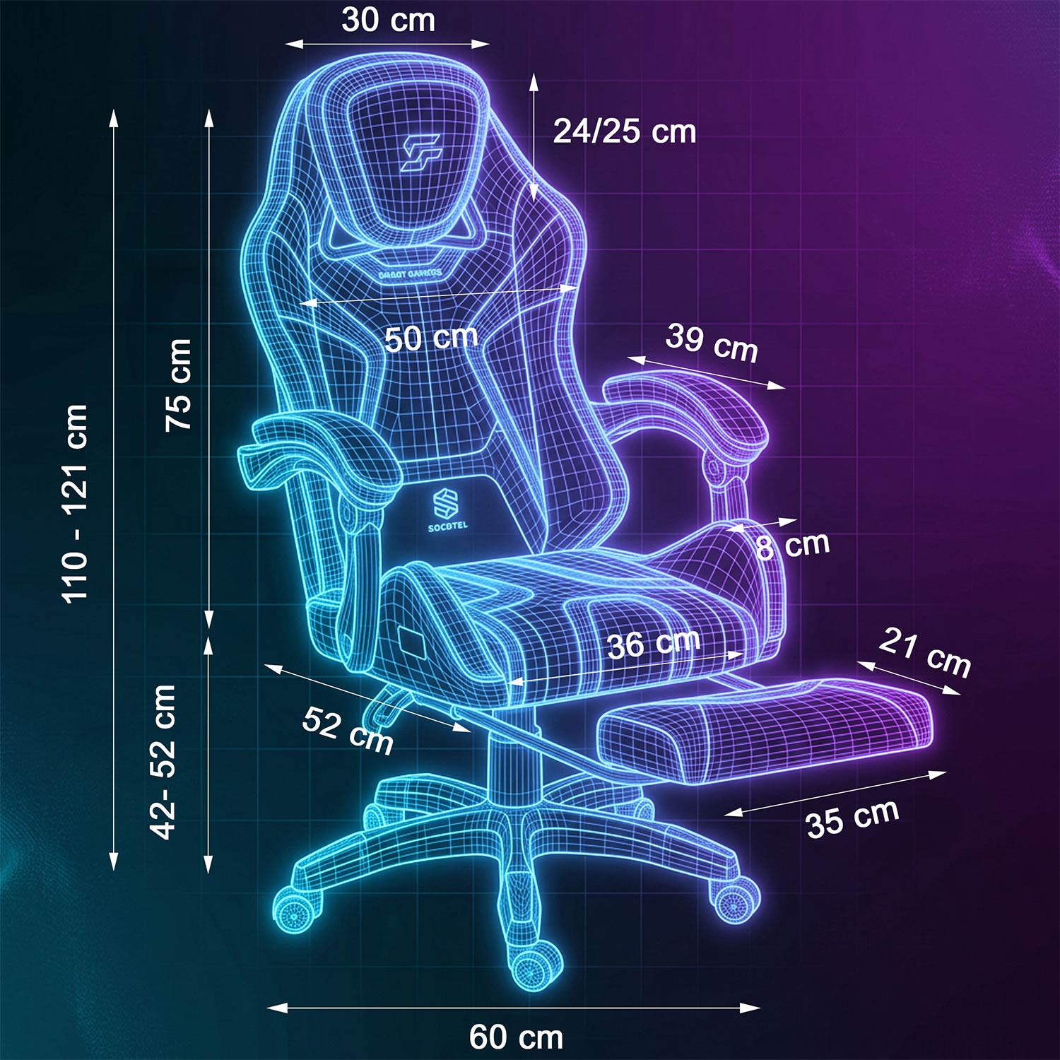 Niebieskie, świecące krzesło gamingowe z wymiarami.