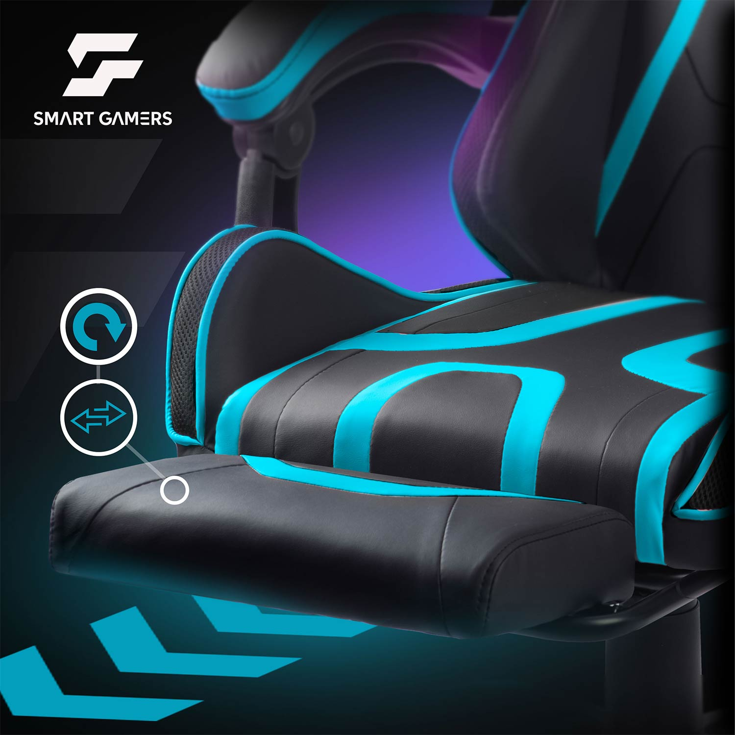 Czarny fotel gamingowy z niebieskimi akcentami i ikonami regulacji.