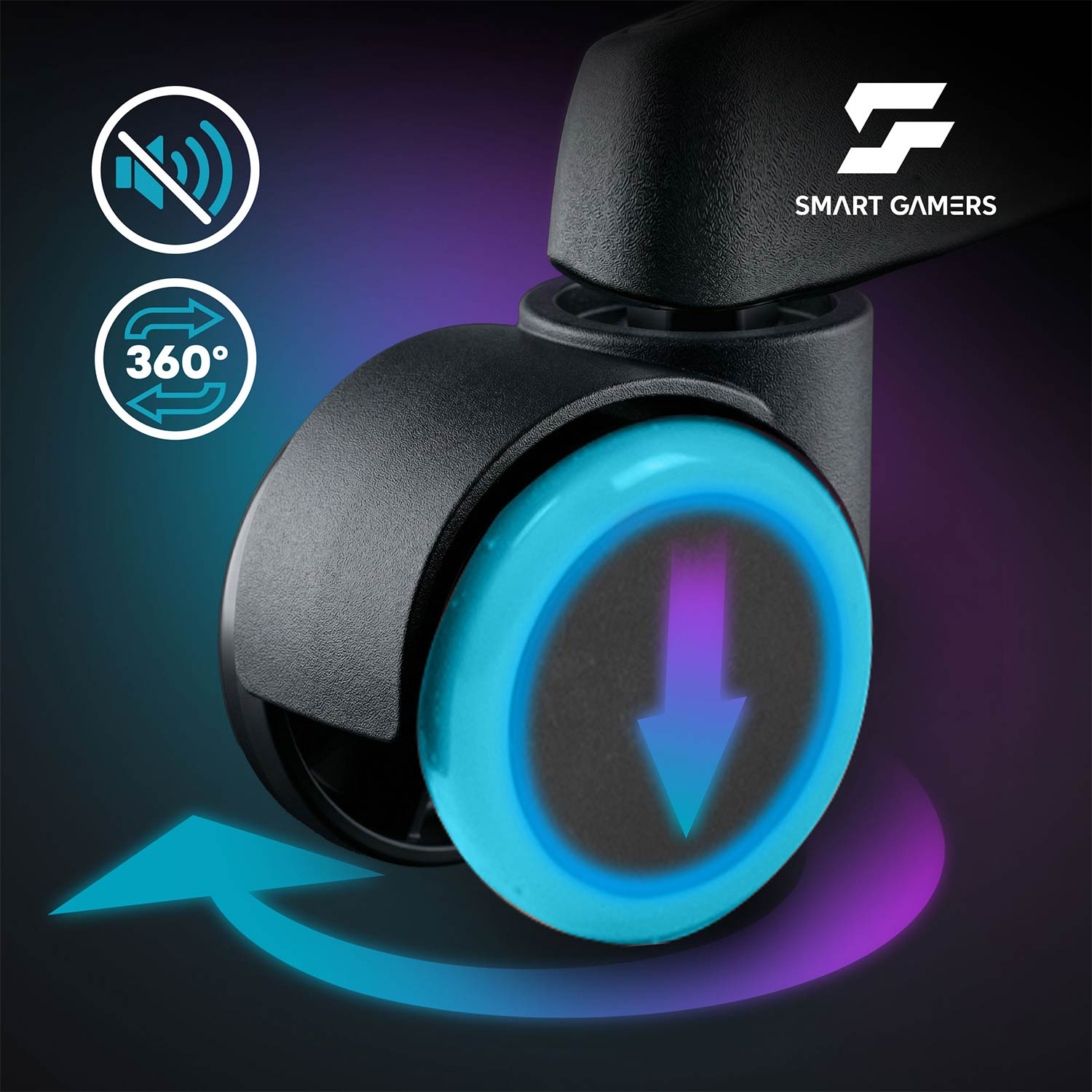 Kółko krzesła gamingowego z niebieskim podświetleniem i ikonami ruchu 360 i wyciszenia.