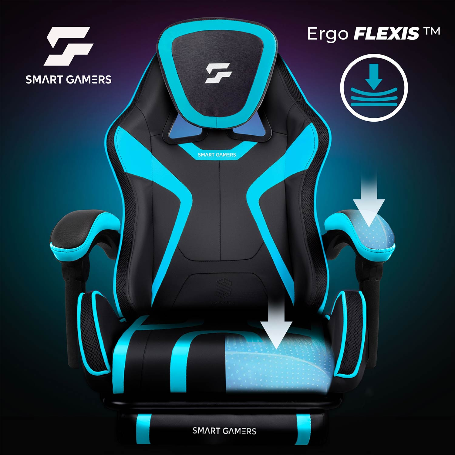 Czarny fotel gamingowy z niebieskimi akcentami i napisem Ergo FLEXIS.
