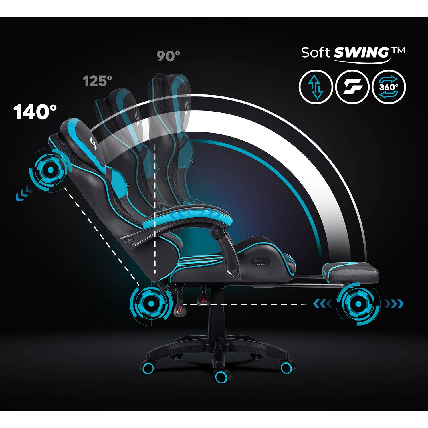Czarny fotel gamingowy z niebieskimi akcentami, regulowanym oparciem i podnóżkiem.