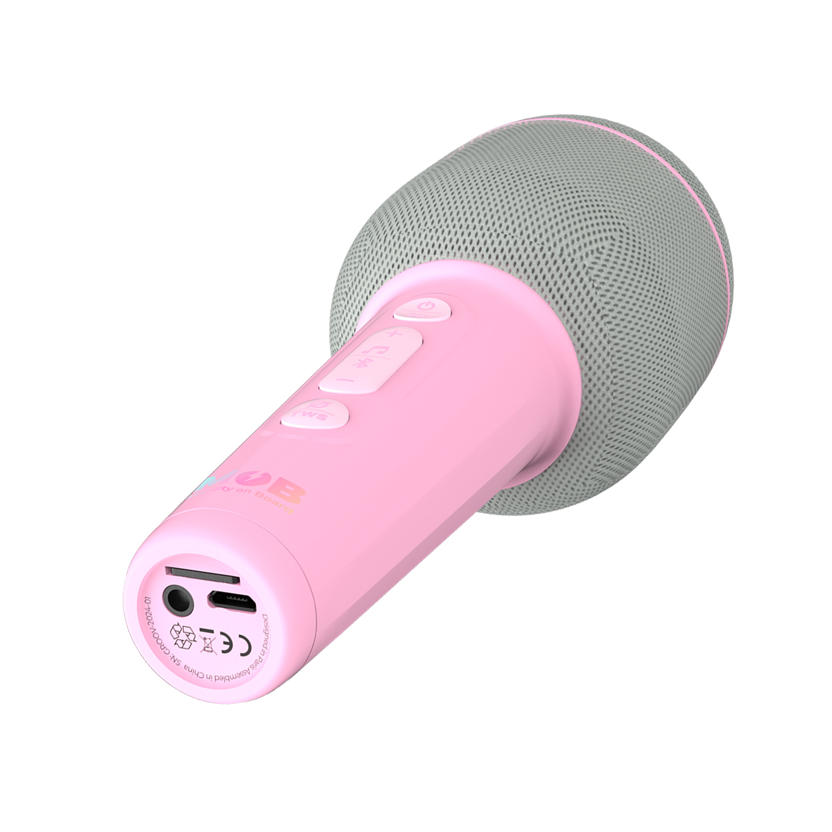Un microfono karaoke rosa con altoparlante in rete grigia e pulsanti di controllo.