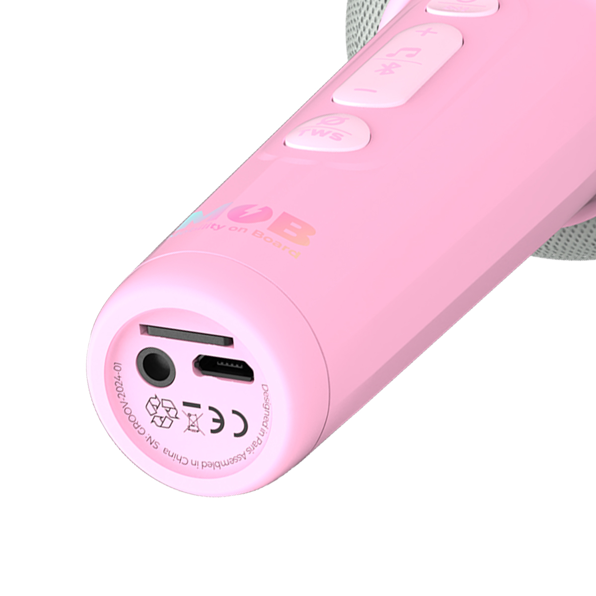 Un altoparlante rosa con porte USB-C, AUX e schede SD.